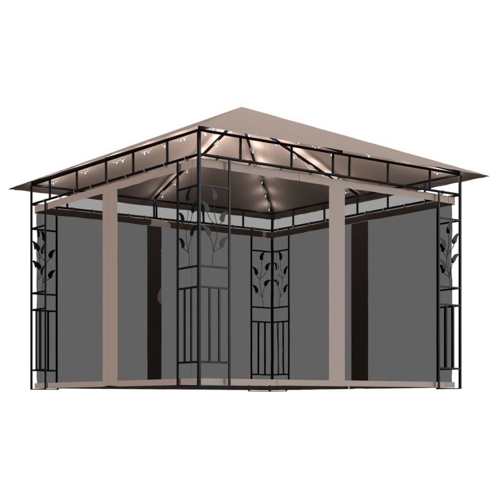 Partyzelt Pavillon mit Moskitonetz & LED-Lichterkette 3x3x2,73 m Taupe