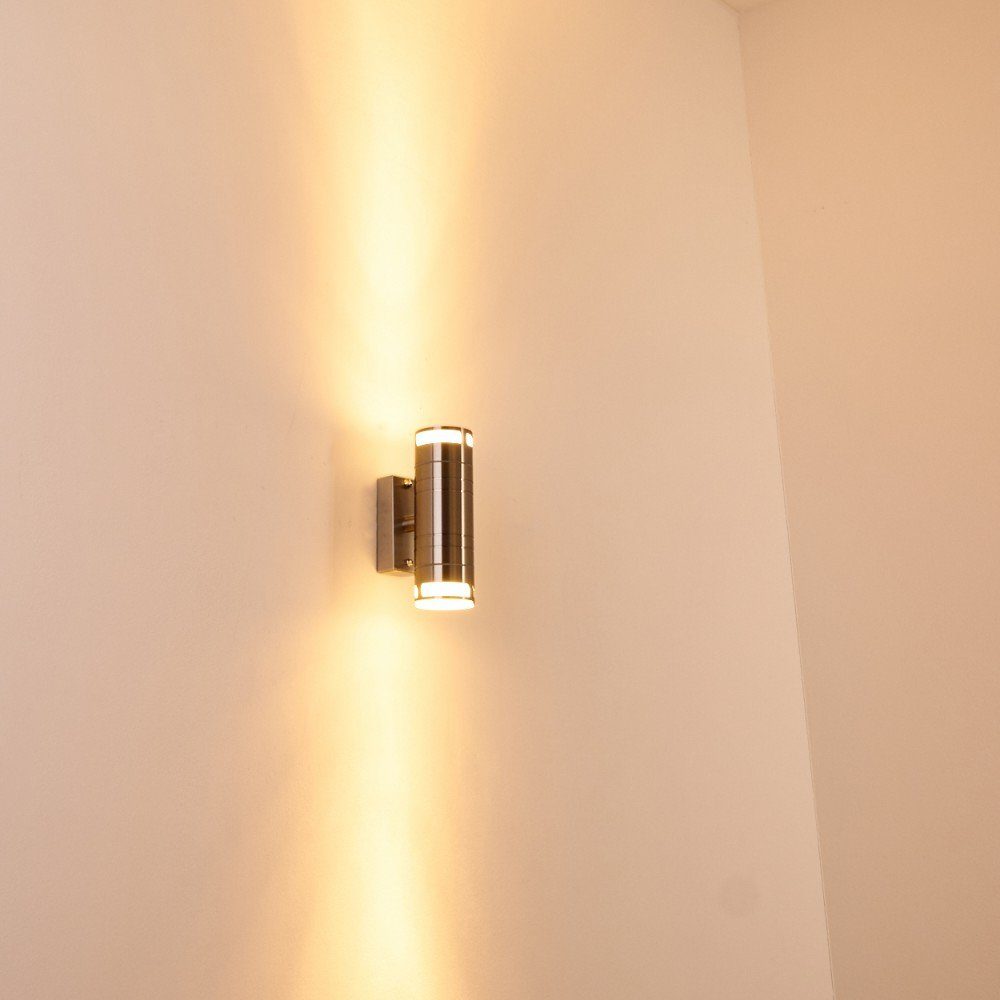 hofstein Metall/Glas 2xGU10, mit Außenwandlampe Leuchtmittel, »Maratea« Up&Down-Effekt, aus ohne Außen-Wandleuchte Edelstahl, LED IP44 Gartenbeleuchtung moderne in