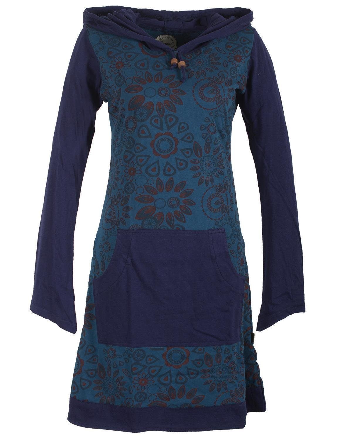 Jerseykleid Kapuzenkleid mit Blumen bedruckt und Kängurutasche