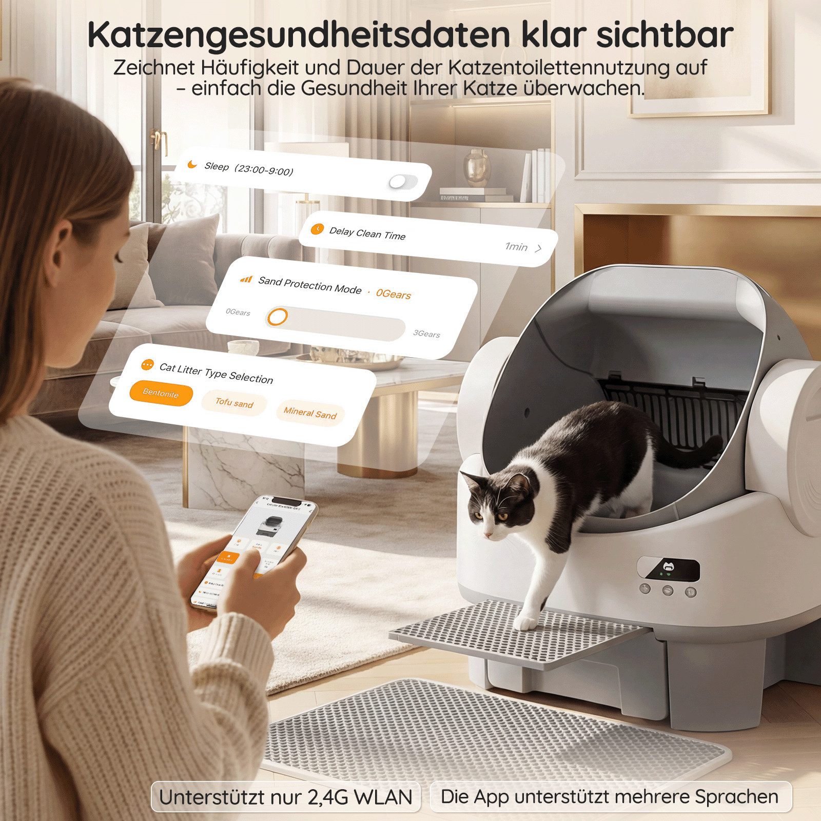 HOMALL Katzentoilette Offenes katzenklo selbstreinigend,17-fach Sensor-Sicherheitssystem, 8-faches Sicherheitssystem,App-Steuerung,12 L großer Auffangbehälter