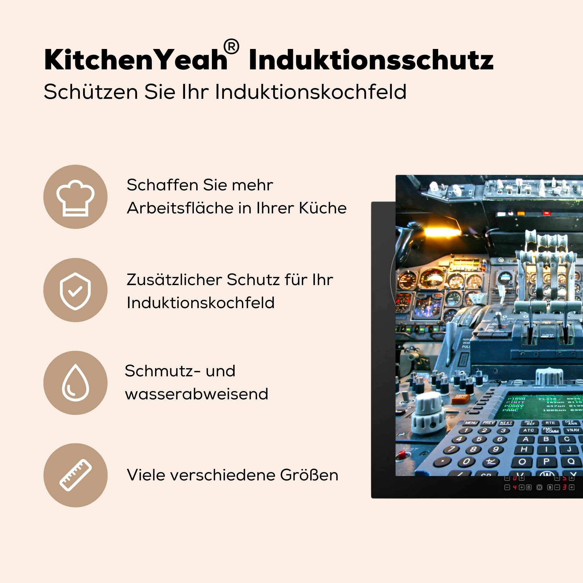 - Cockpit Knöpfe Vinyl, tlg), küche Arbeitsplatte für Flugzeug, MuchoWow Ceranfeldabdeckung, (1 Herdblende-/Abdeckplatte 78x78 cm, -