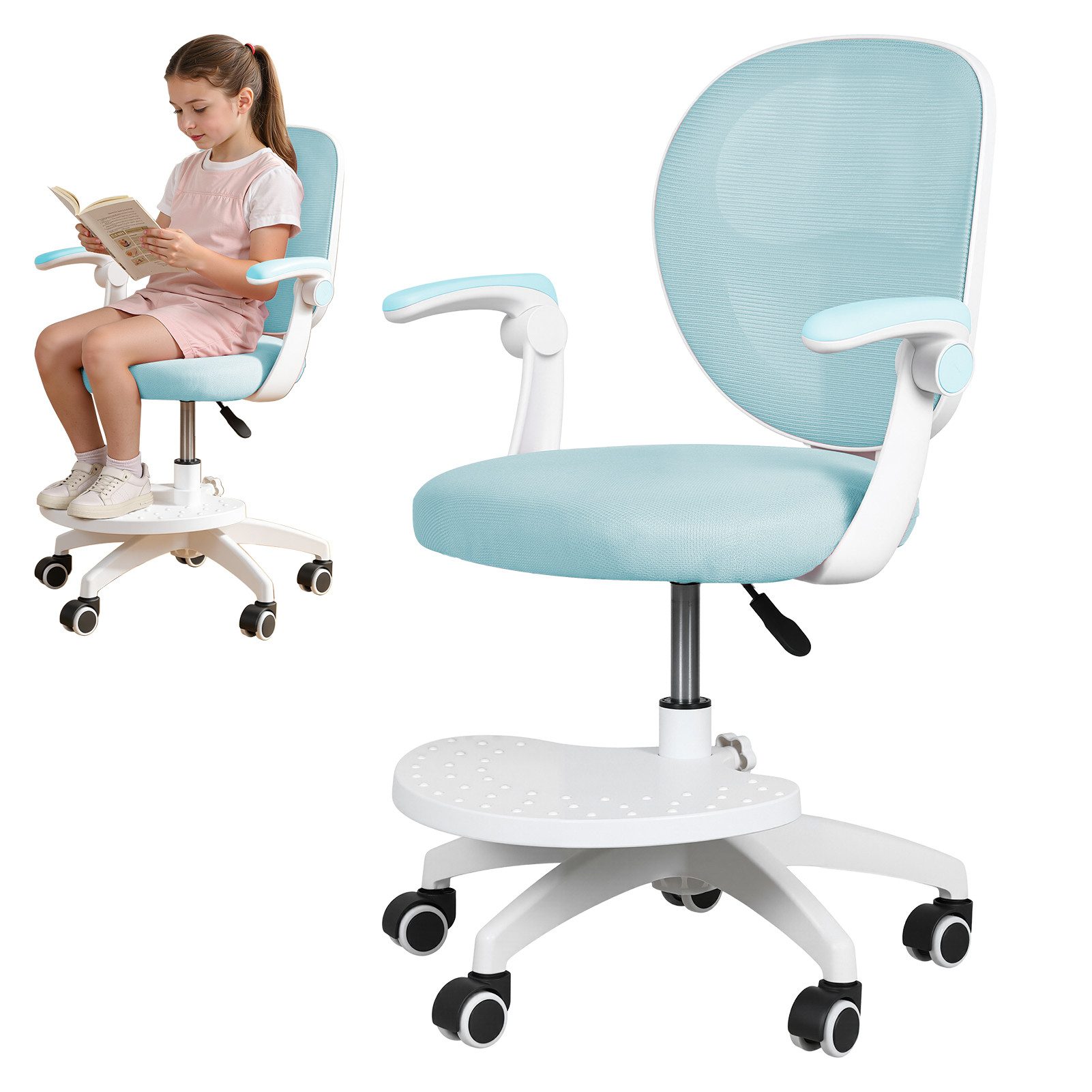 Rutaqian Schreibtischstuhl Schreibtischstuhl mit verstellbarer Fußstütze und Klapparm, Kinder-Studienstuhl 360-Grad-drehbarer für das Lernzimmer zu Hause