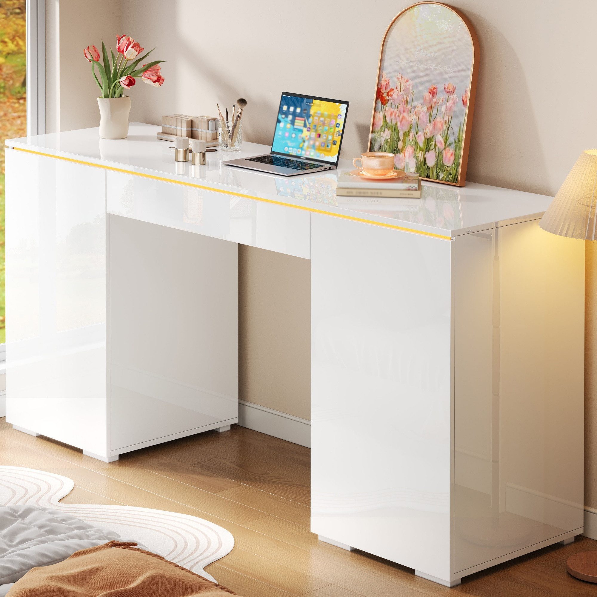Flieks Schreibtisch Computertisch Arbeitstisch Bürotisch mit LED-Beleuchtung (140x50x78 cm, 1-St., 1 Tisch), Multifunktionstisch mit 2 Schublade und 1 Türen hochglänzend Weiß