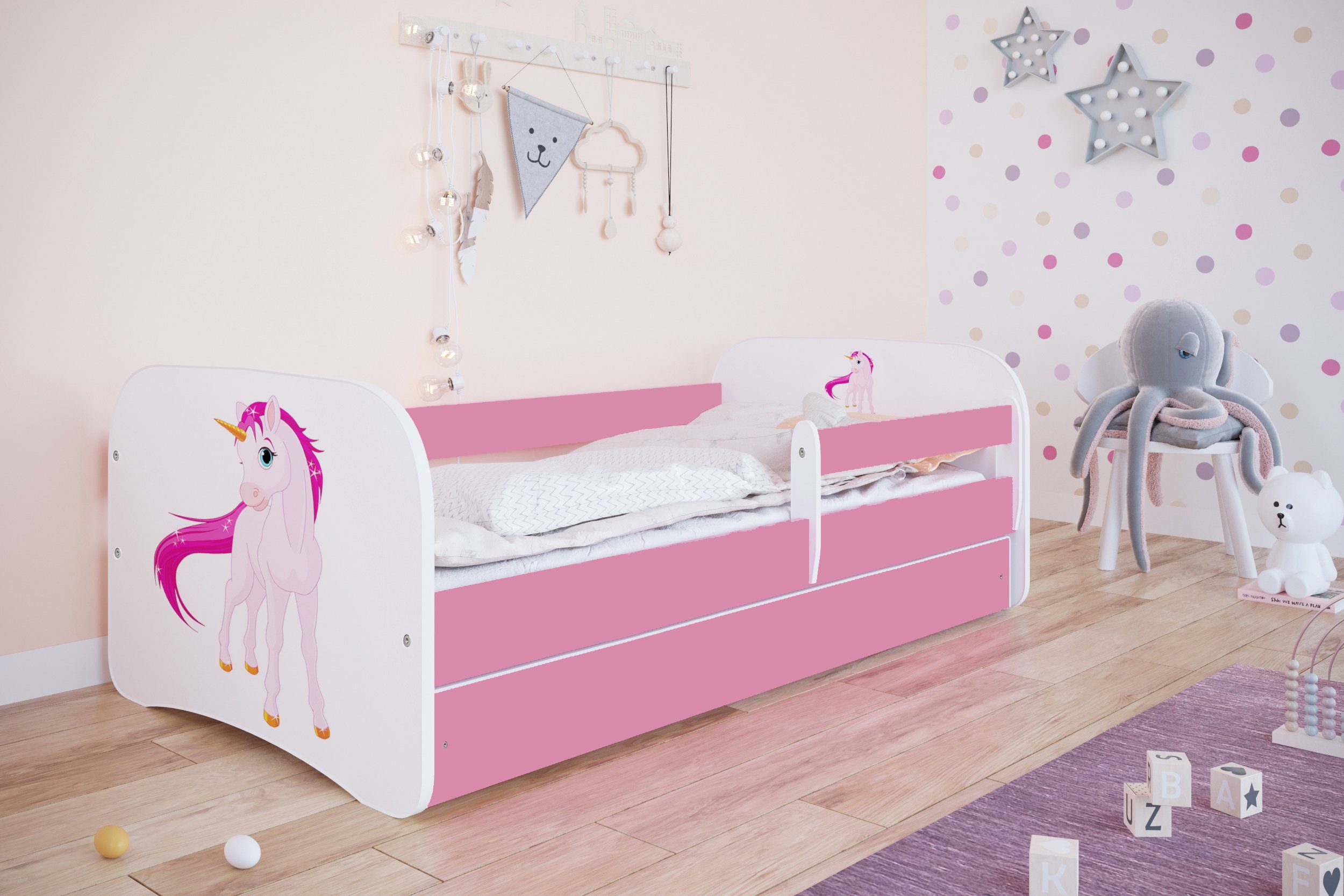 cm und Rausfallschutz Lattenrost), Schublade für Jungen verschieden mit cm Mädchen Farben Varianten Kinderbett Bjird und rosa und 140x70 (optional 180x80 Matratze, cm mit Babydream 160x80