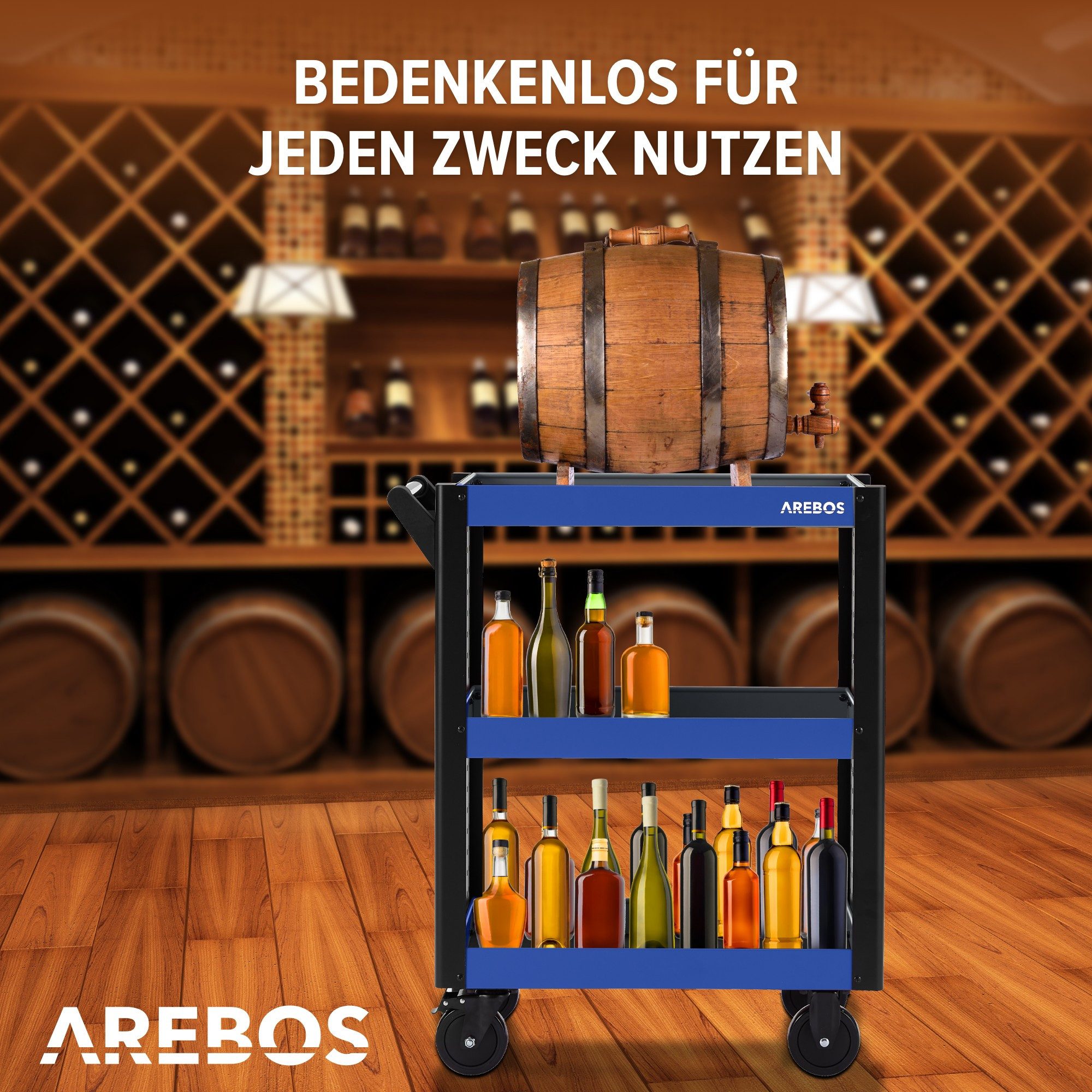 Arebos Werkstattwagen Servicewagen Multifunktionaler Etagenwagen, 3 Etagen, Blau-Schwarz, max. Traglast:120 kg