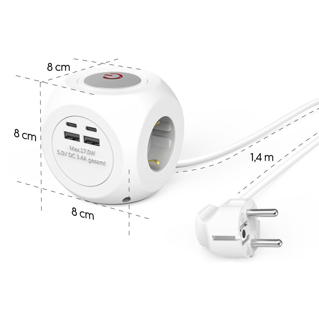 Hama Steckdosenwürfel 7 fach mit Schalter, Schutzkontaktsteckdosen USB weiß Steckdosenleiste 7-fach (Ein- / Ausschalter, USB-Anschlüsse, Schutzkontaktkupplung, Überspannungsschutz, Kabellänge 1,4 m), mit USB C und USB A Steckern, Mehrfachsteckdose, Tisch, 17 W, 1,4 m