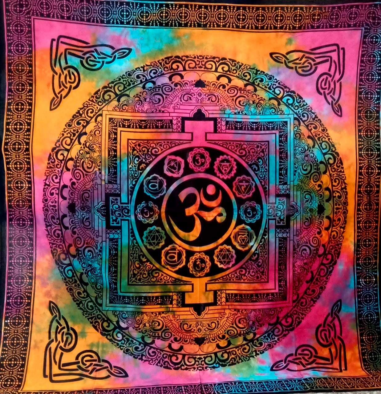 KUNST UND MAGIE Wandteppich AUM Tagesdecke Wandbehang Bunt Dekotuch OM Yantra Mandala ca.200x230cm