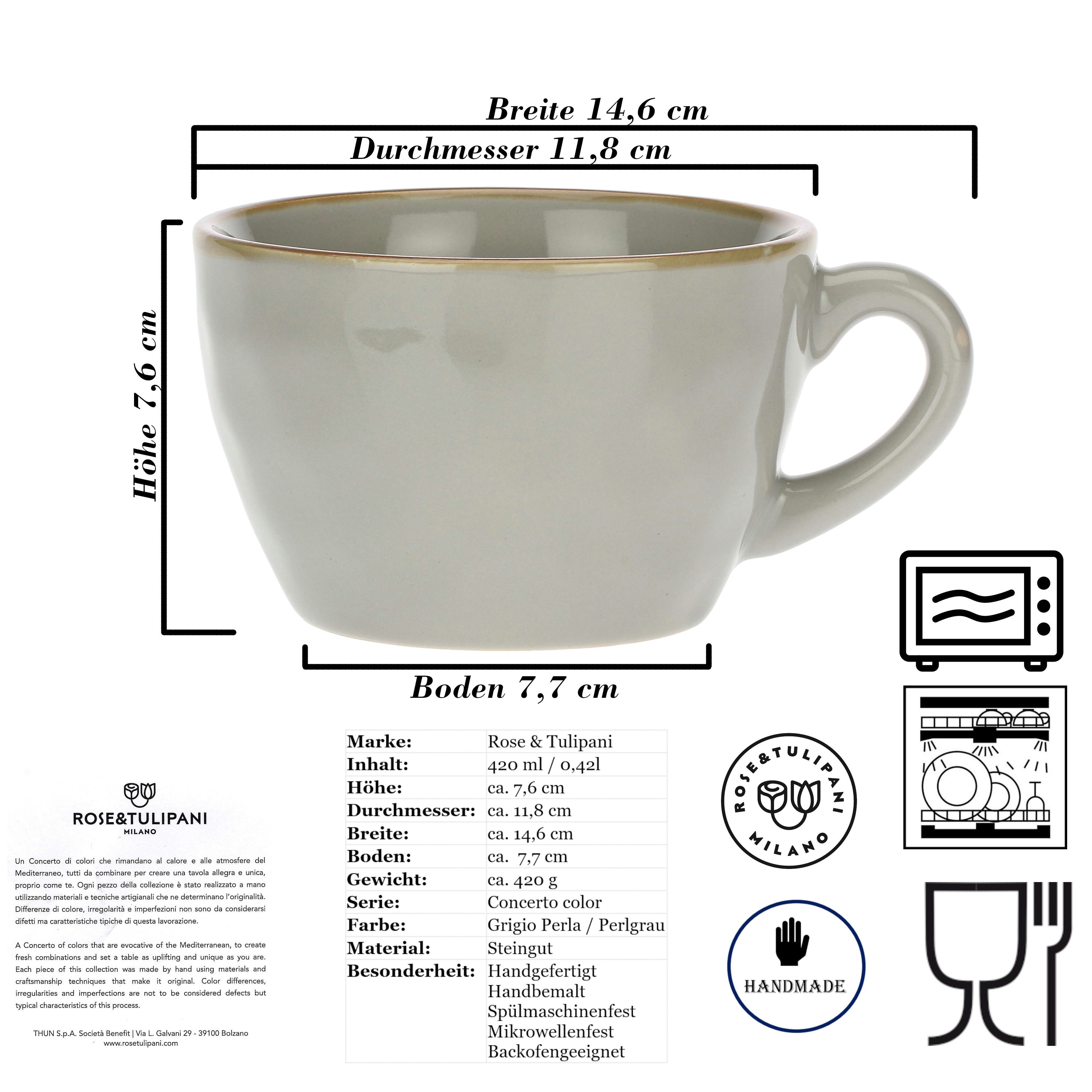 Rose & Tulpani Tasse Frühstückstasse große Becher Kaffeetasse 420 ml Concerto Grau, Steingut, Ofenfest, Handgemacht