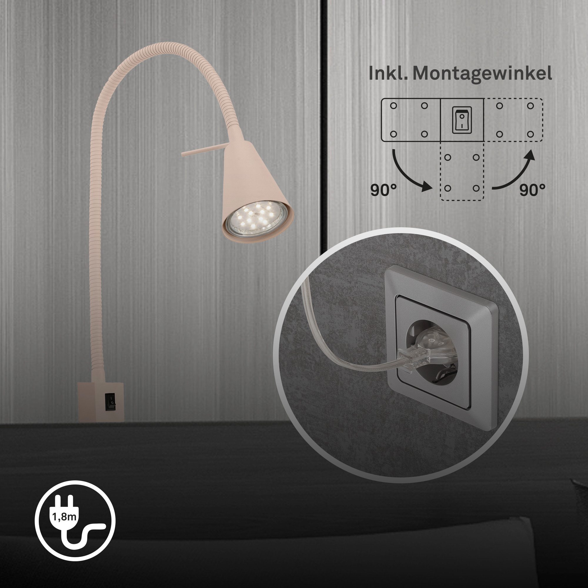 Briloner Leuchten Bettleuchte LED Wandleuchte Bett Schlafzimmer Tischleuchte GU10, Einzelpack, LED wechselbar, 2700K - Extra-Warmweiß, Wandlampe, 40,3x21,7cm, Matt-Nickel, 4,7W, GU10, Innen, Wohnzimmer