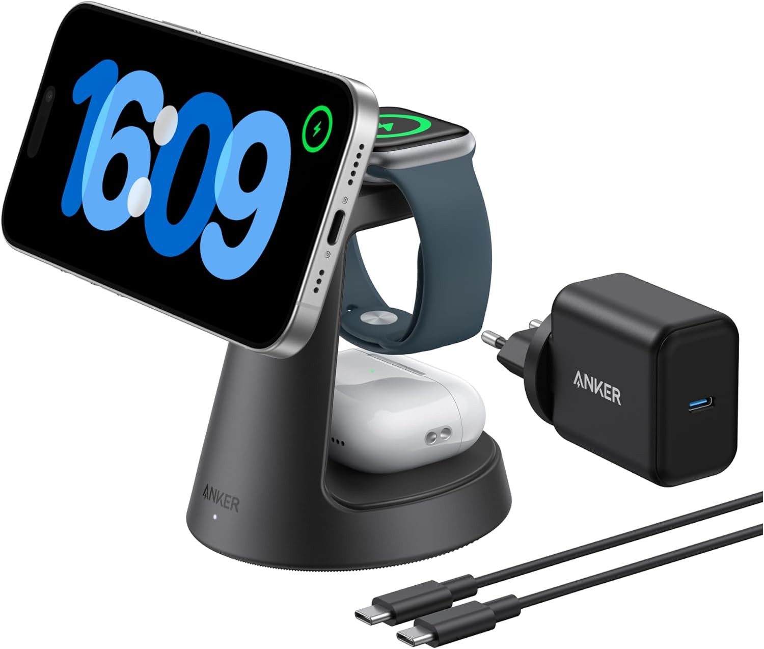 Anker Anker MagGo 3-in-1 Ladestation Qi2 15W MagSafe kompatibel Ladegerät Induktions-Ladegerät (Set, kabellose Ladestation, 40W USB-C Adapter, 1,5m USB C auf USB C Kabel, iPhone Induktive Ladestation, Wireless Charger für iPhone und mehr)