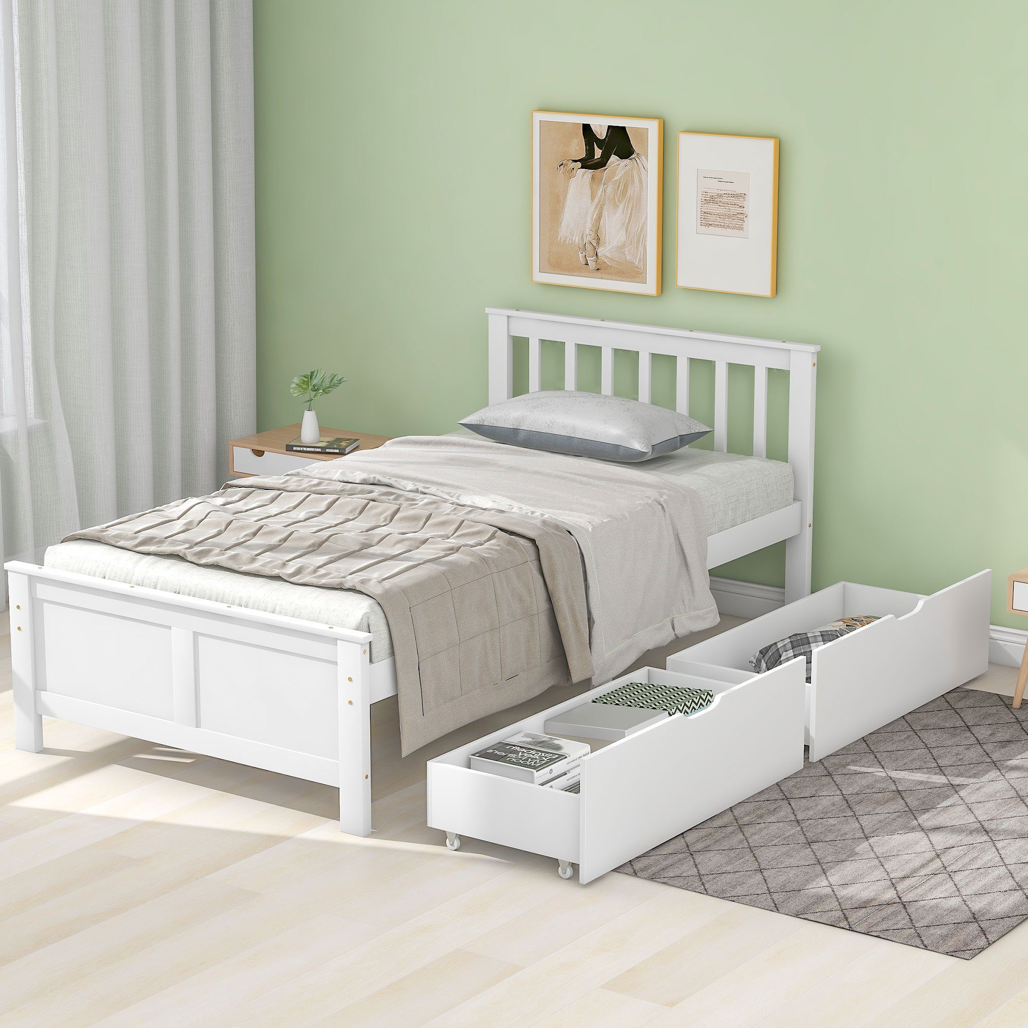 Massivholzbett (Jugendbett), Einzelbett mit 2 Schubladen 90x200, massiver Kiefer
