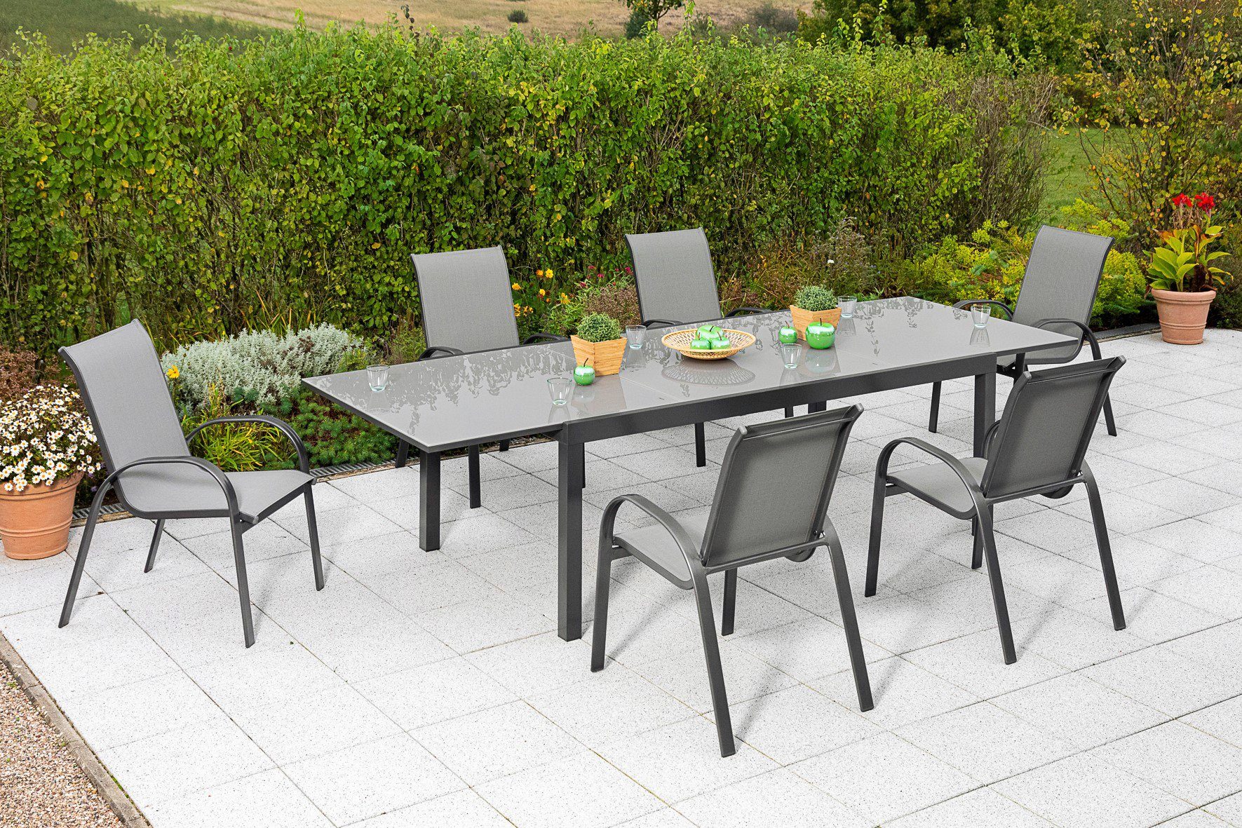 MERXX Garten-Essgruppe Amalfi, (Set, 7-tlg), 6 Stapelsessel, Ausziehtisch 110x 200-300 cm