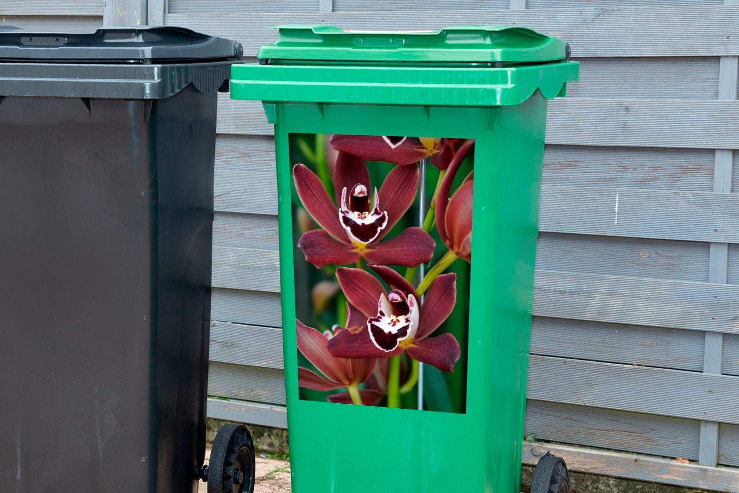 MuchoWow Wandsticker Mülltonne, für Sticker, (1 Hintergrund Abfalbehälter grünen Orchideen St), einen Container, Mülleimer-aufkleber, Rote