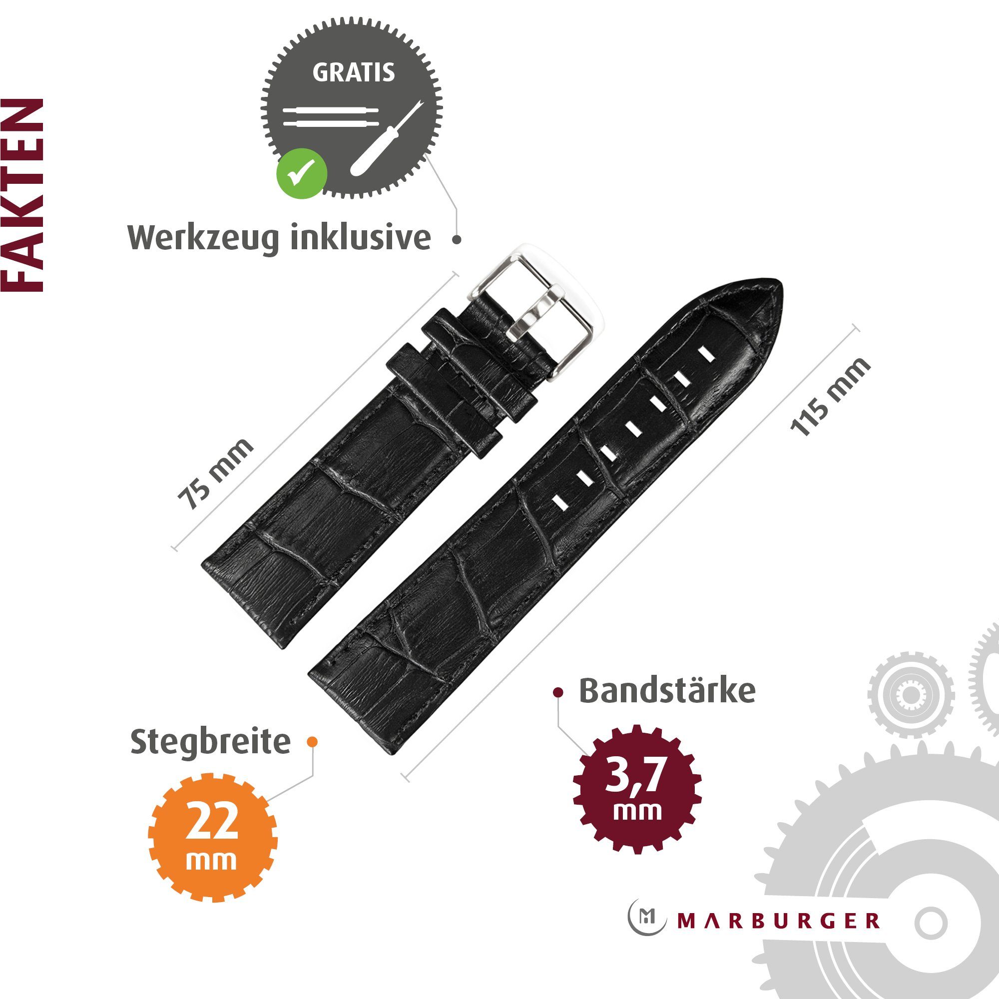MARBURGER Uhrenarmband 22mm Leder Alligator Prägung