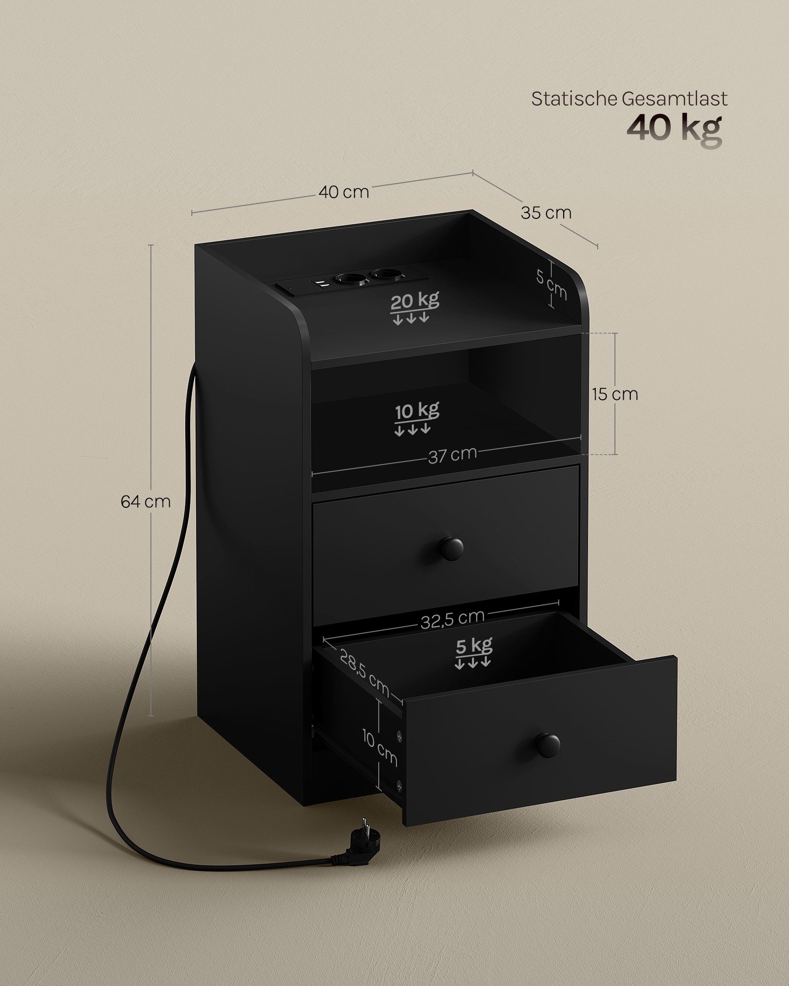 Woltu Nachttisch (1-St), Ladefunktion LED-Licht, 2 Steckdosen 2 USB
