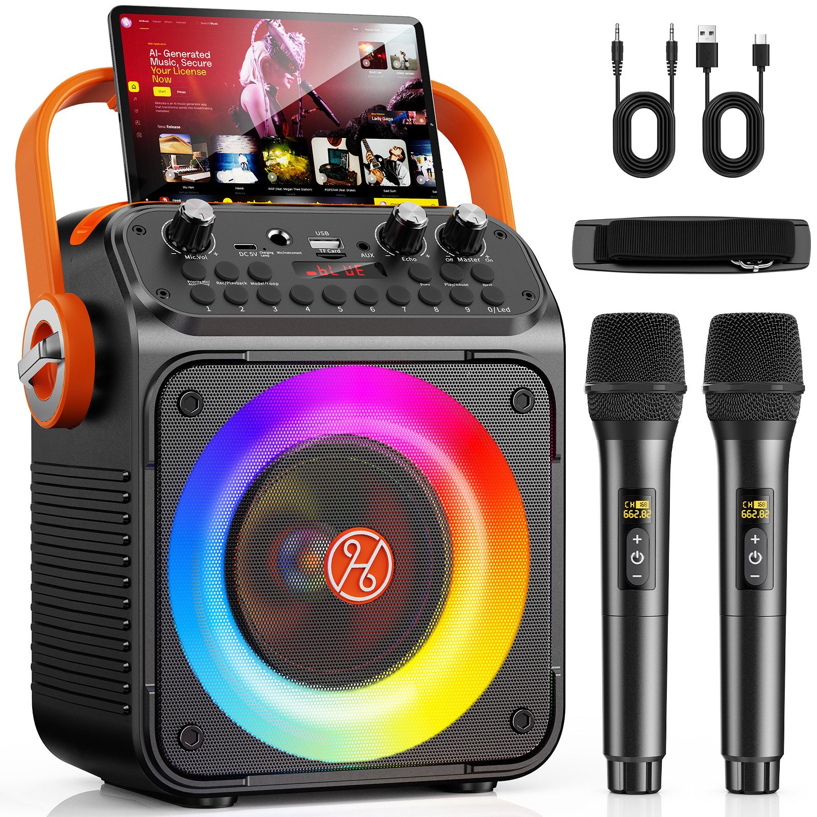 JYX Karaoke Maschine mit 2 Mikrofonen Bluetooth-Lautsprecher 1 (Bluetooth 5.0, mit LED Lichteffekten für Party & Geburtstag (ohne Tablet)