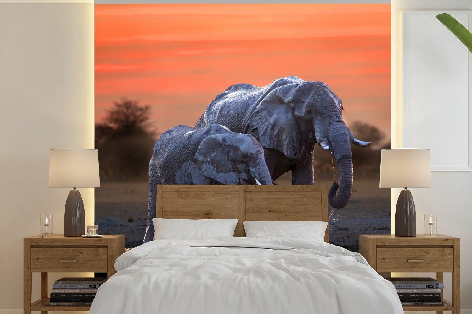 MuchoWow Fototapete Elefant - Tiere - Sonnenuntergang - Wasser - Orange, Matt, bedruckt, (4 St), Vliestapete für Wohnzimmer Schlafzimmer Küche, Fototapete