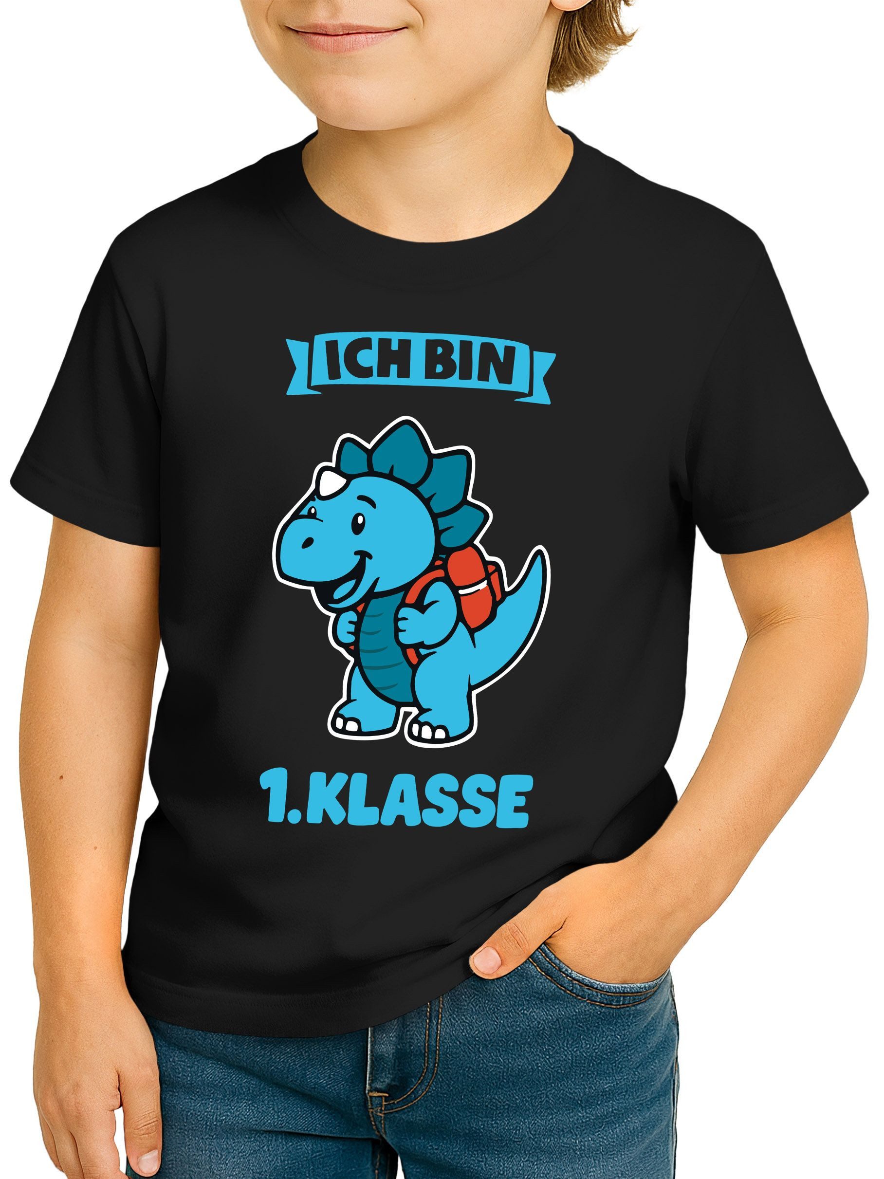 Print-Shirt Kinder Jungen T-Shirt Einschulung 2025 Dino Spruch Ich bin erste