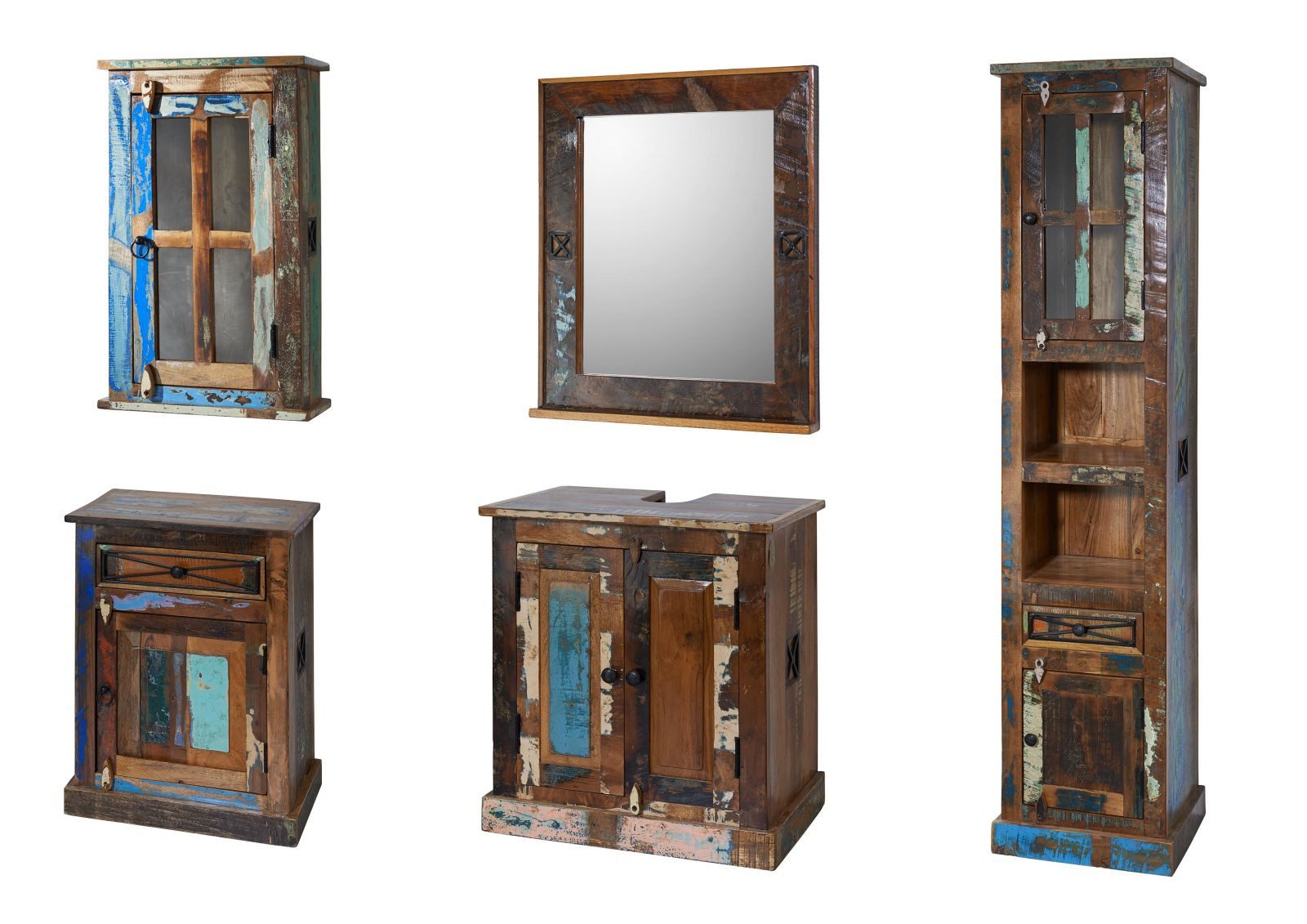 Massivmoebel24 Badmöbel-Set, (NATURE OF SPIRIT BAD komplett Indisches Altholz mehrfarbig), NATURE OF SPIRIT BAD komplett Indisches Altholz mehrfarbig