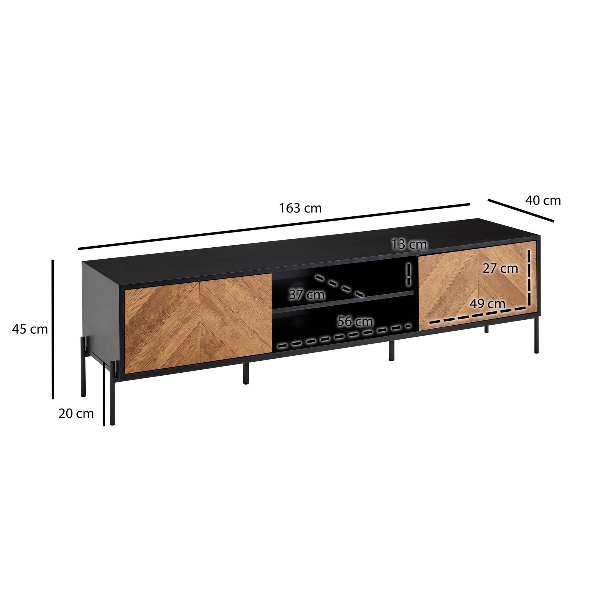 FineBuy Lowboard Holz Schwarz / Eiche-Dekor 163x45x40 cm TV-Kommode mit zwei Türen, Design TV-Schrank Hoch, Fernsehtisch Fernsehschrank Modern, Fernsehkommode W – Bild 3 von 5