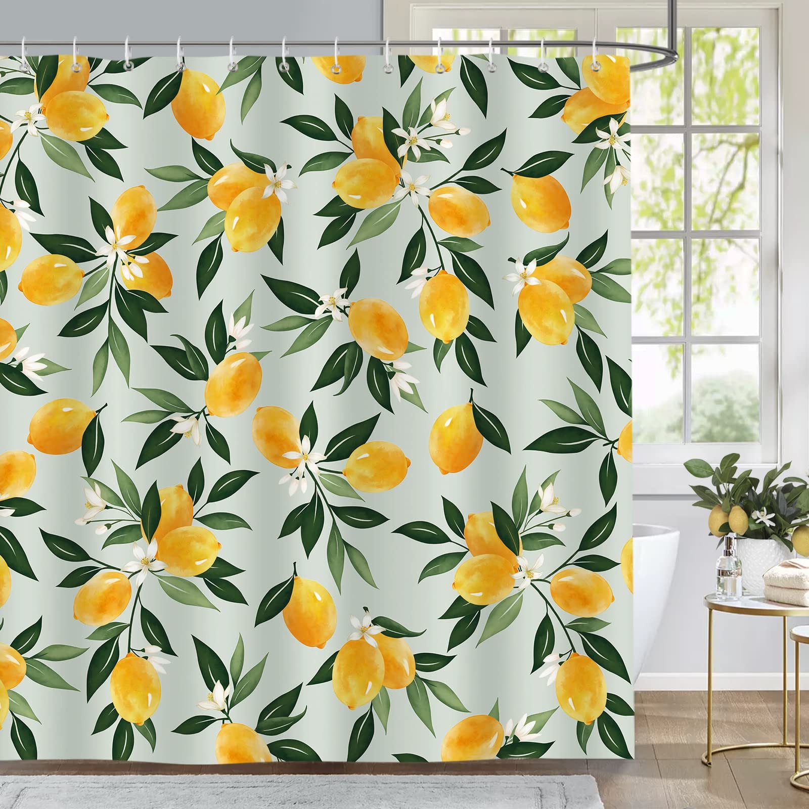 FOUORTUNATE-BEE Duschvorhang Zitronen Grüne Blätter Duschvorhänge Anti-Schimmel Wasserdicht (180 x 180 cm Polyester Stoff Waschbar Vorhäng für Badzimmer mit 12 Haken)