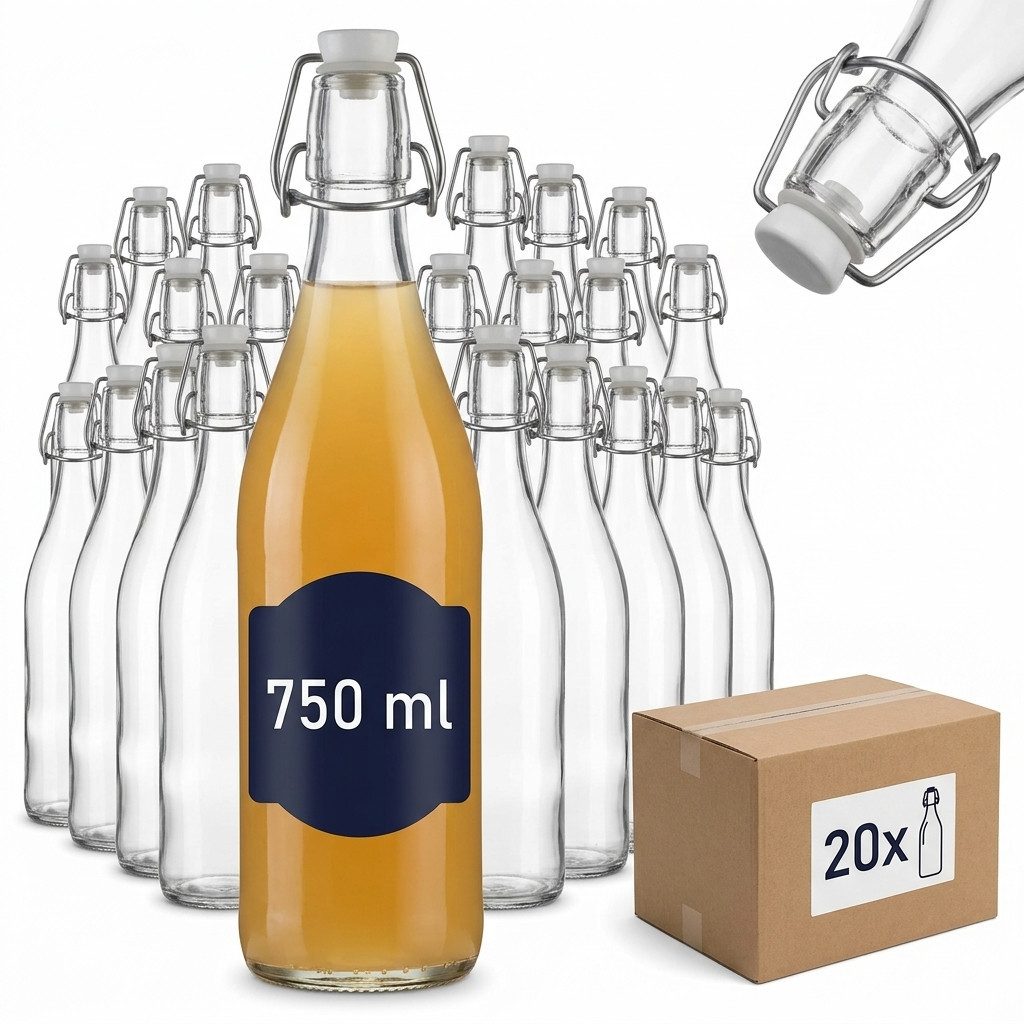 gouveo Trinkflasche Glasflaschen 750 ml Rondo mit Bügelverschluss - Bügel-Flasche, Drahtbügelverschluss, aromadicht verschließbar, spülmaschinengeeignet