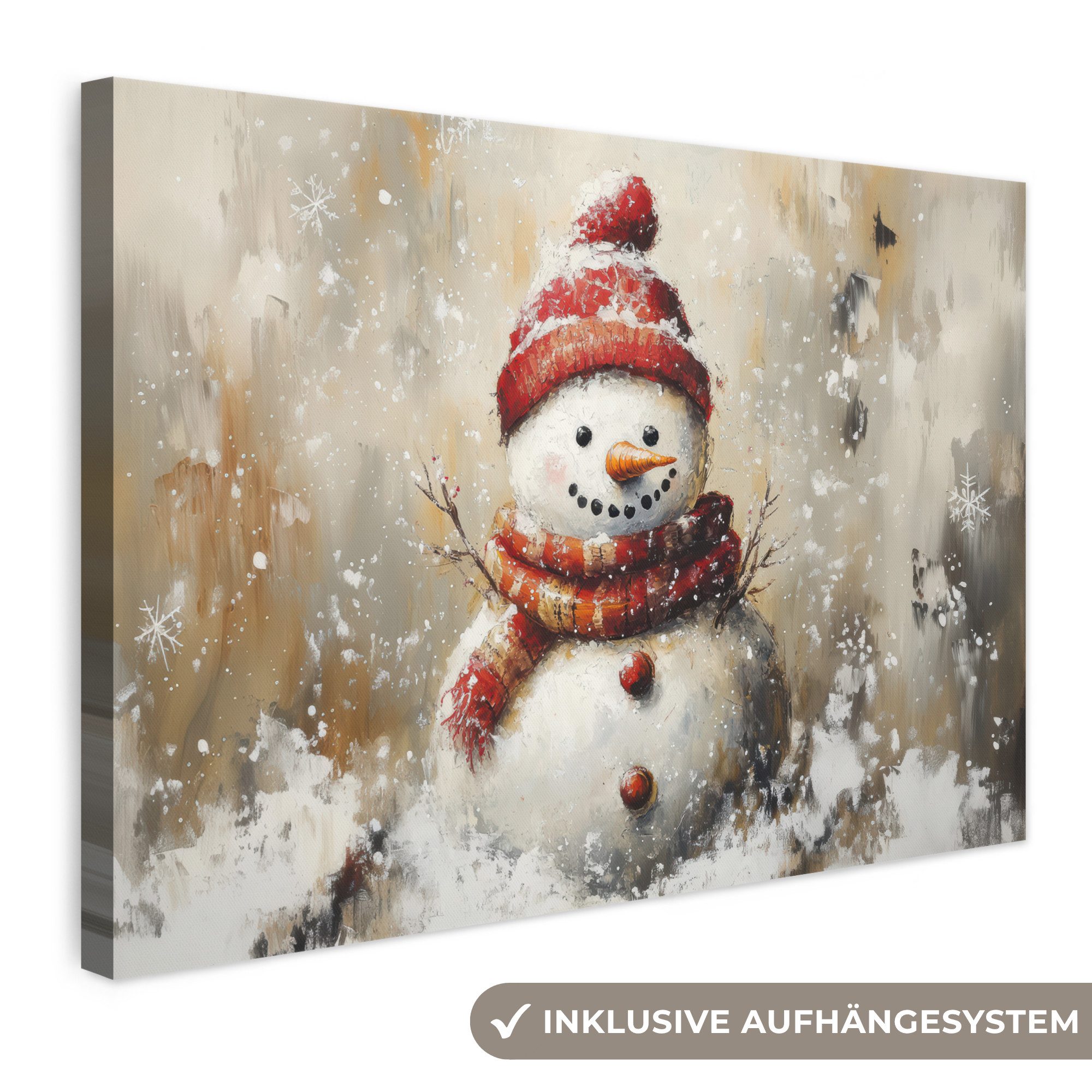 OneMillionCanvasses® Leinwandbild Schneemann - Winter - Schnee - Beige, Fotodruck (1 St), Leinwand Bilder Klein, Wand Dekoration Aesthetic 30x20 cm