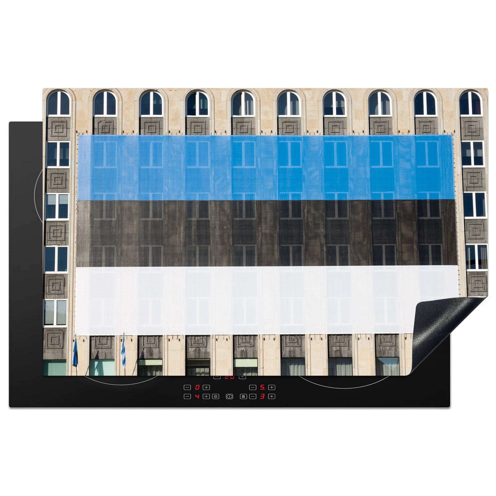 MuchoWow Herdblende-/Abdeckplatte Die Flagge von Estland auf einem Gebäude, Vinyl, (1 tlg), 81x52 cm, Induktionskochfeld Schutz für die küche, Ceranfeldabdeckung