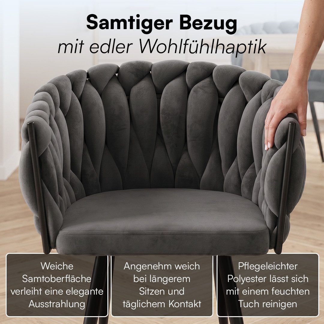 skølm Esszimmerstuhl & Drehstuhl Sudri mit Samtbezug gepolstert (2er Set, dunkelgrau, Metallgestell, 2 St), Armlehnenstühle in Flecht-Look, verfügbar als 4er/6e – Bild 4 von 5