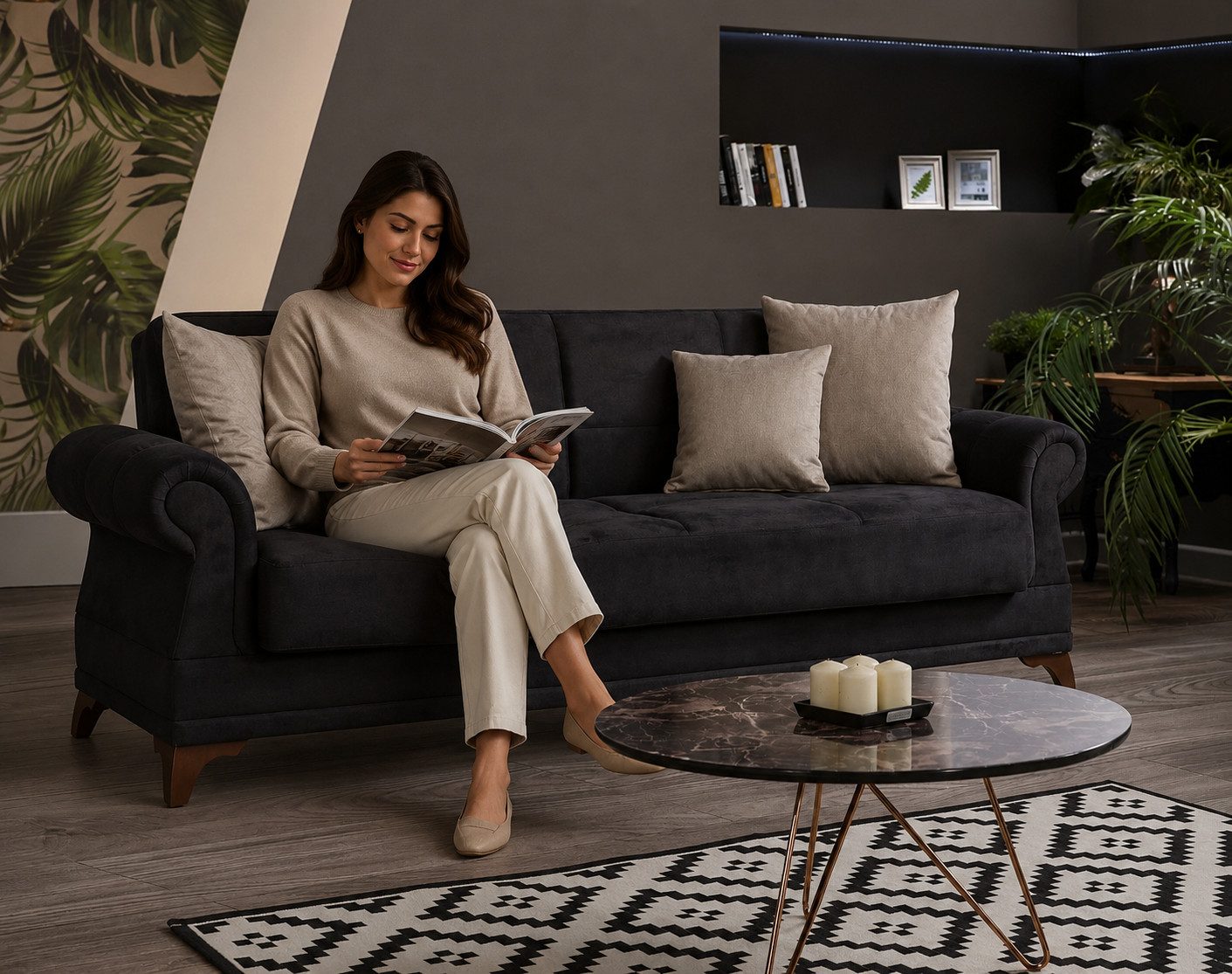 Xlmoebel 3-Sitzer Elegantes schwarzes Textil-Sofa mit hohem Komfort Sofort, 3-Sitzer 1 Teile, Hergestellt in Europa