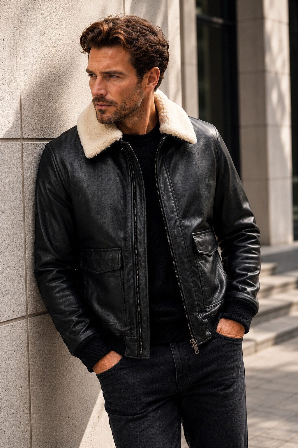 MILESTONE Lederjacke MSAlfio Lammnappa mit abnehmbarem Lammfellkragen im Aviator-Stil