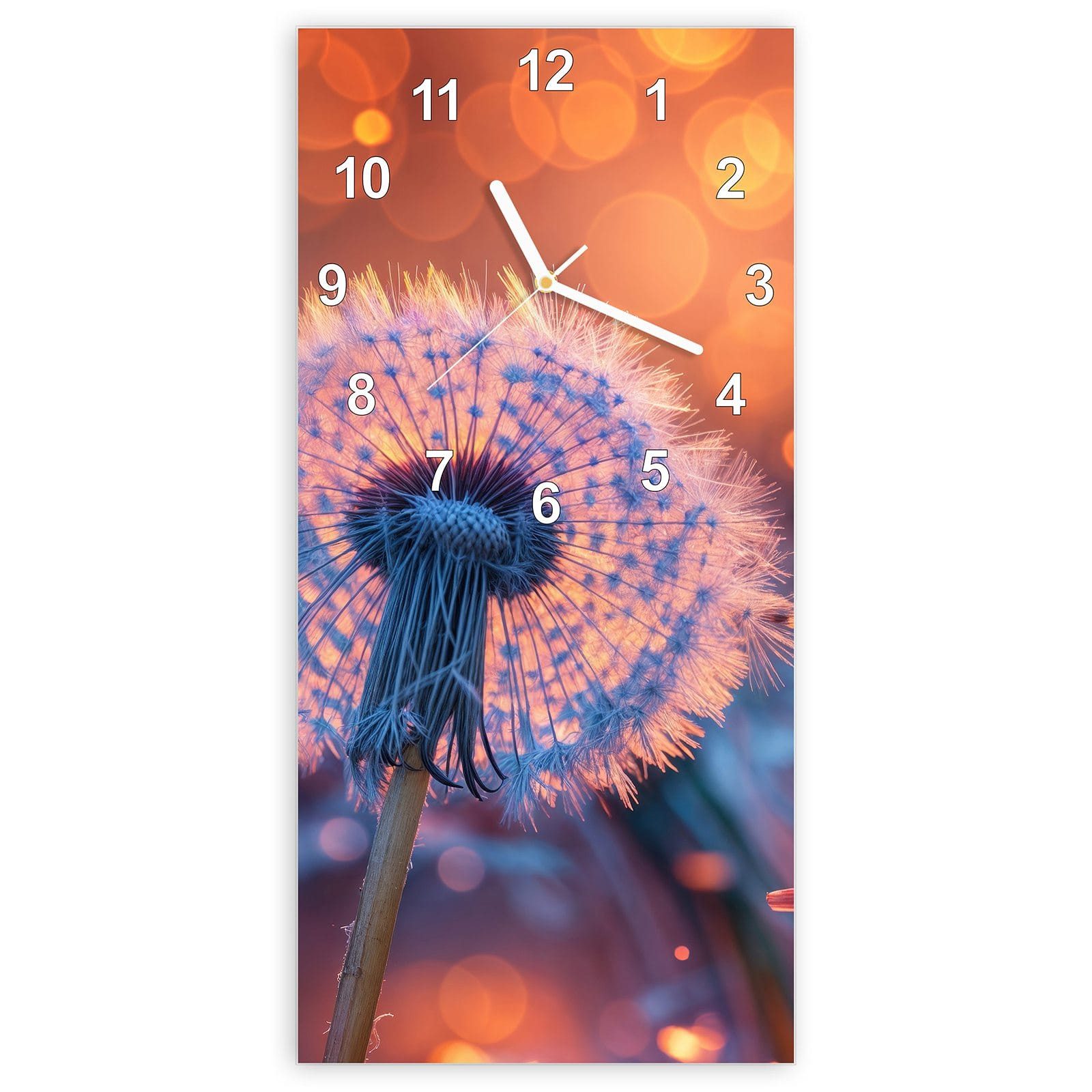 Wanduhr Glasuhr Wandkunst Größe 30 x 60 cm mit Motiv Pusteblumenglühen