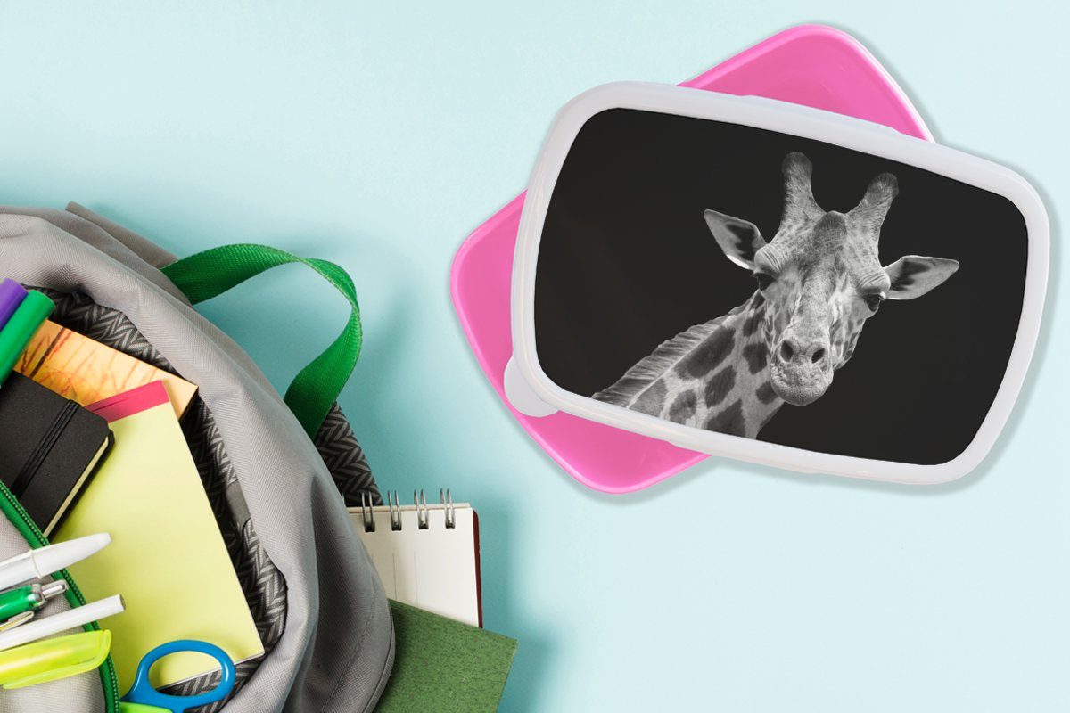 Brotdose Mädchen, Erwachsene, Kunststoff Giraffe Schwarz Kunststoff, - Brotbox Kinder, - Porträt, (2-tlg), MuchoWow für rosa Snackbox, Lunchbox Weiß Wildtiere - -