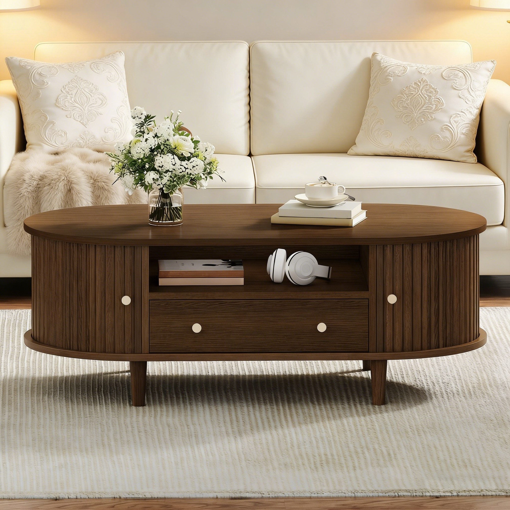Merax Couchtisch Ovale Beistelltisch in Walnussfarbe (Modernes Design für Wohnzimmer/Arbeitszimmer, 1-St), Wohnzimmertisch mit Schublade, Rolltüren & 4 Stützbeine, 100x50x36cm