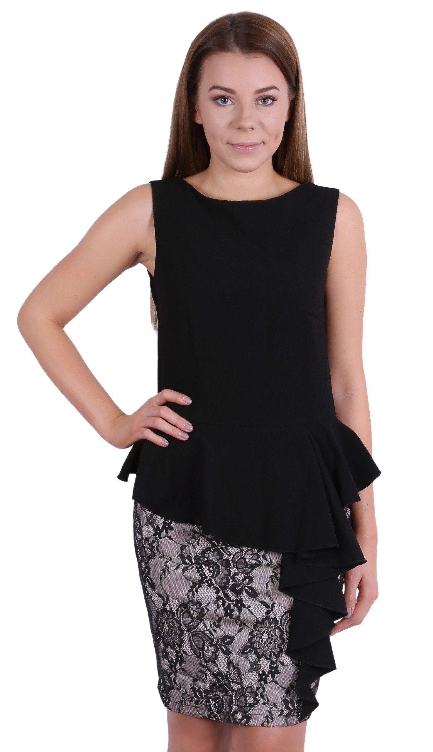 Minikleid John Zack schwarzes Minikleid mit Spitzeneinsatz L