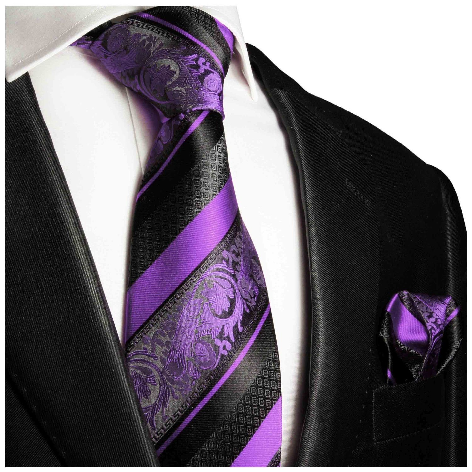 Paul Malone Krawatte Herren Seidenkrawatte Schlips mit Tuch barock gestreift 100% Seide (Set, 2-St., Krawatte mit Einstecktuch) Breit (8cm), lila violett schwarz 498 | Breite Krawatten