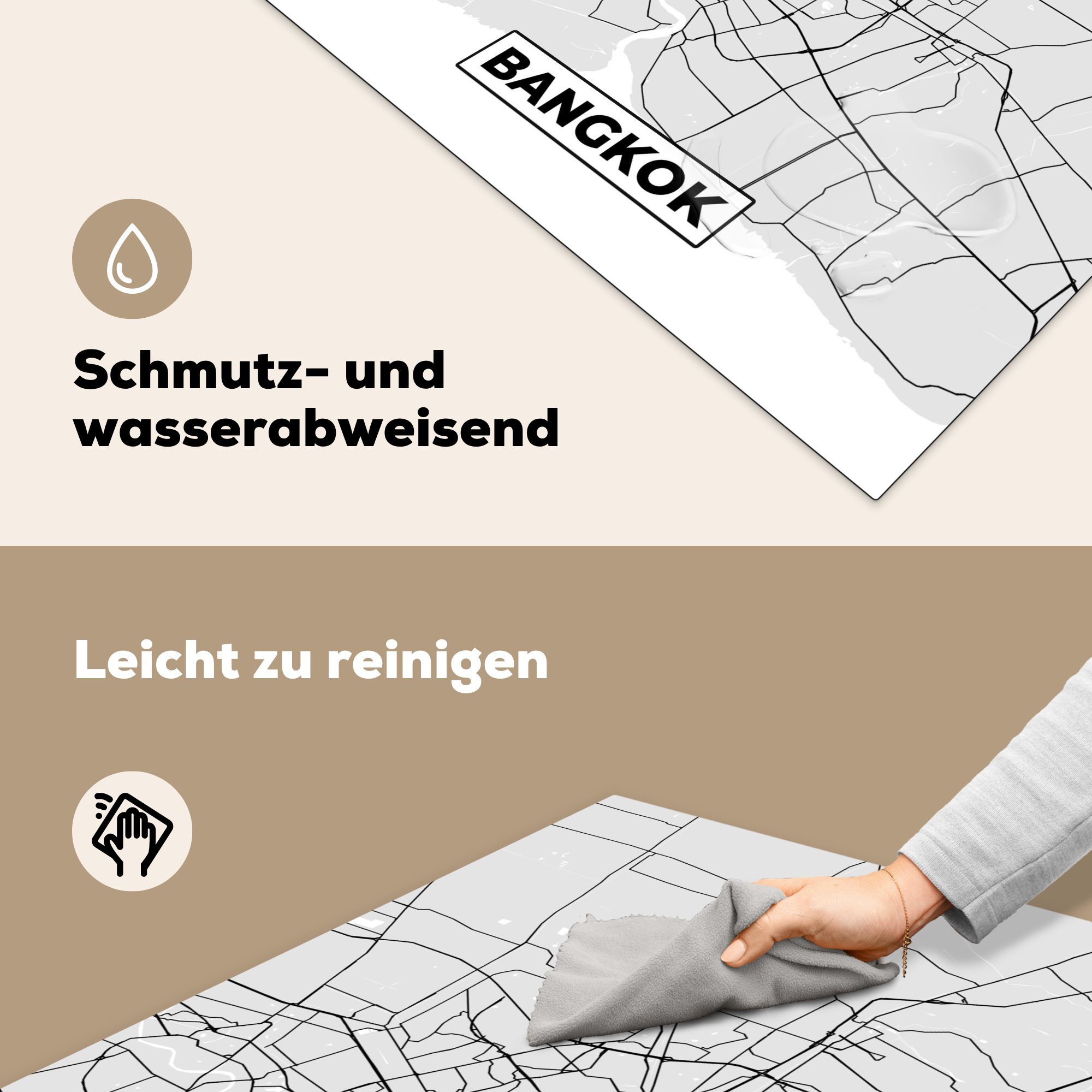 (1 Ceranfeldabdeckung, weiß und - Karte, 78x78 Stadtplan Bangkok für küche Herdblende-/Abdeckplatte - MuchoWow Schwarz Arbeitsplatte tlg), cm, Vinyl, -