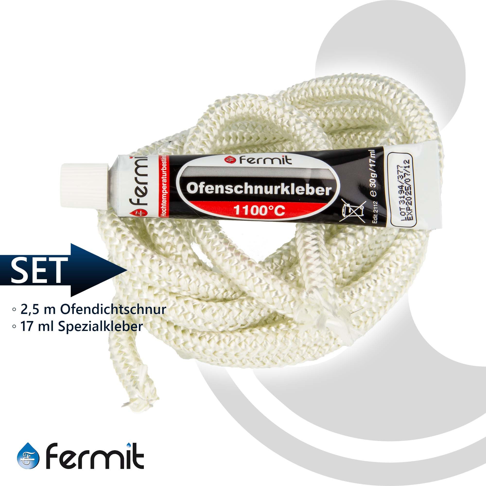 Fermit Dichtungsband Glasfaser Rundschnur-Set mit Spezialkleber