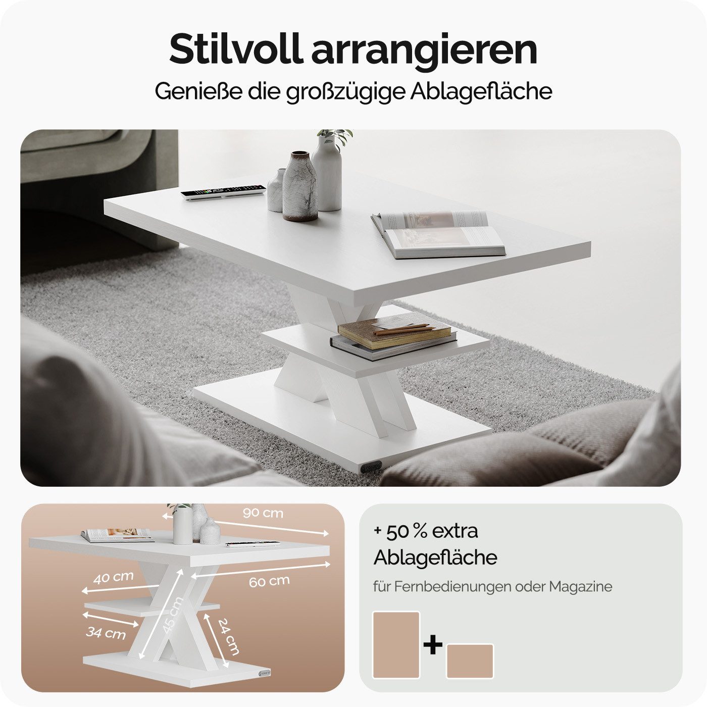 Casaria Couchtisch Detroit, Holz 2 Ablagen 90x60cm Modern Eckig Kratzfest Weiß