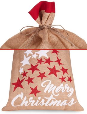 BRUBAKER Aufbewahrungstasche Weihnachtssack Sterne Weiß Rot - Merry Christmas - 80 cm Geschenksack (Weihnachten, 1-tlg., Jutesack), Nikolaussack Jutebeutel Sack mit Kordel zum Verpacken von Geschenken