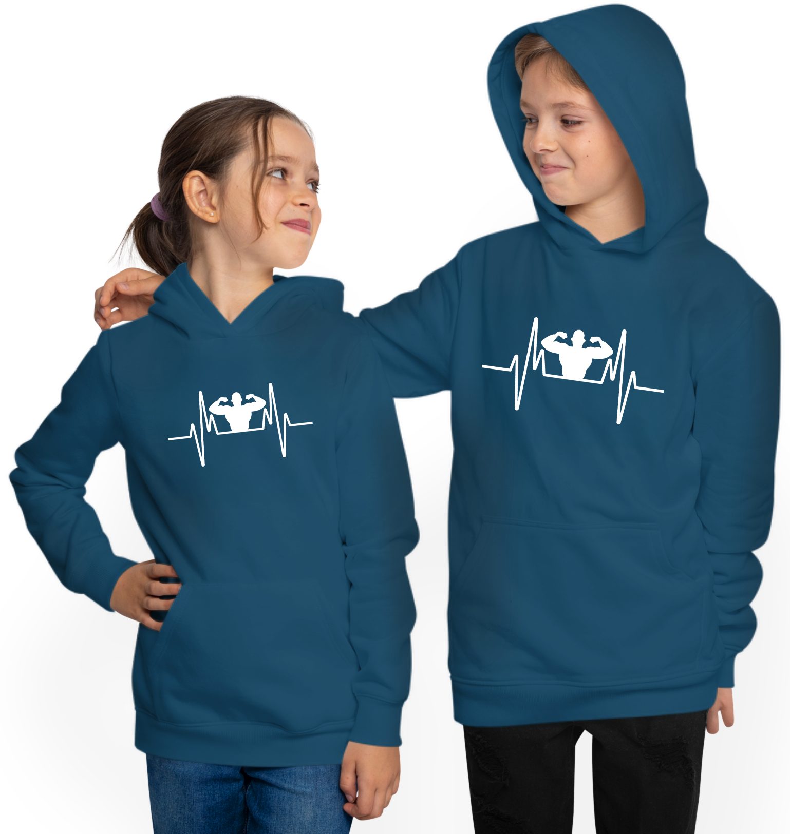 MyDesign24 Hoodie Kinder Hoodie - Herzschlaglinie mit Bodybuilder Motiv EGK Kapuzen Pulli petrol blau i567
