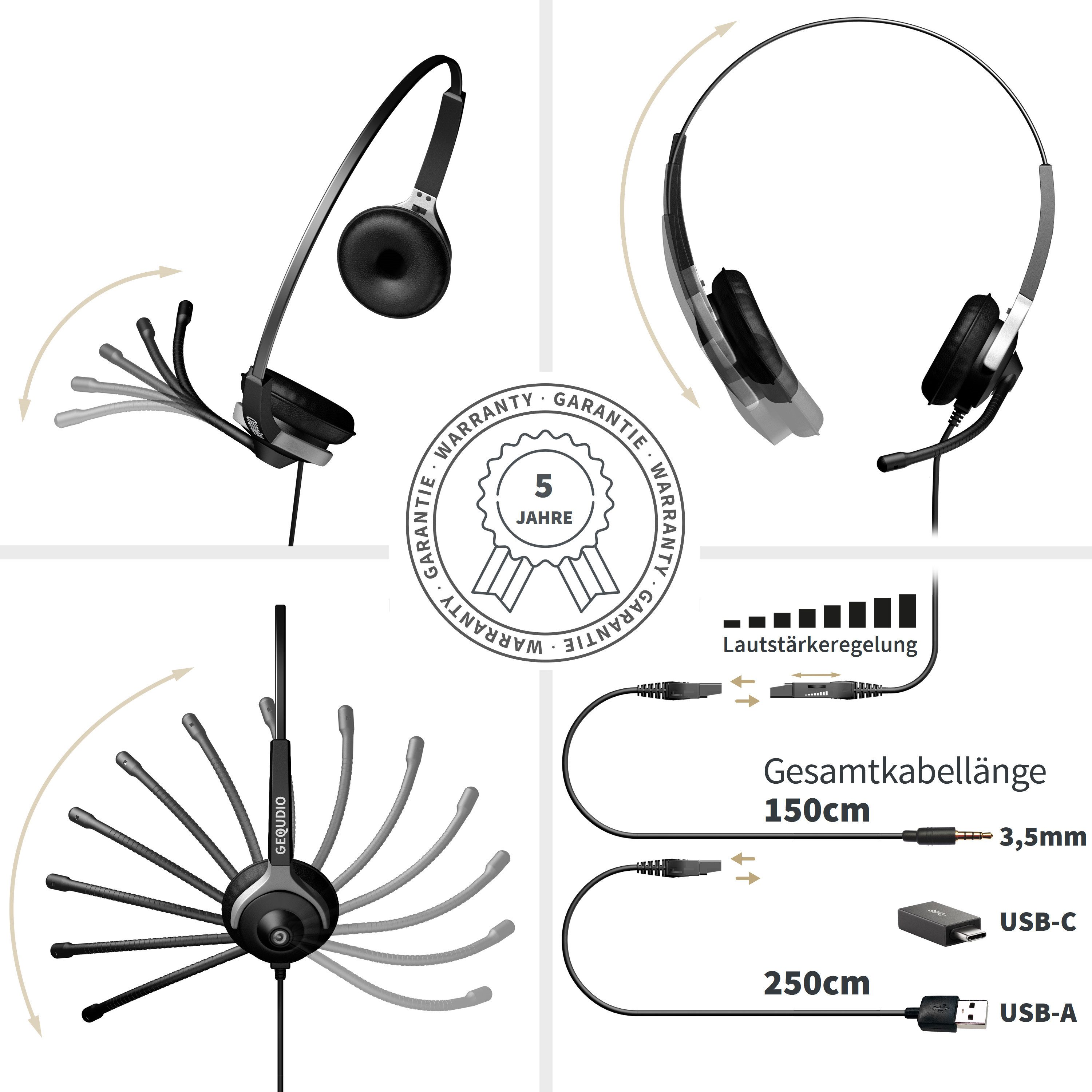 GEQUDIO Headset (mit Wechselverschluss für mehrere Endgeräte, inklusive Anschlusskabel)