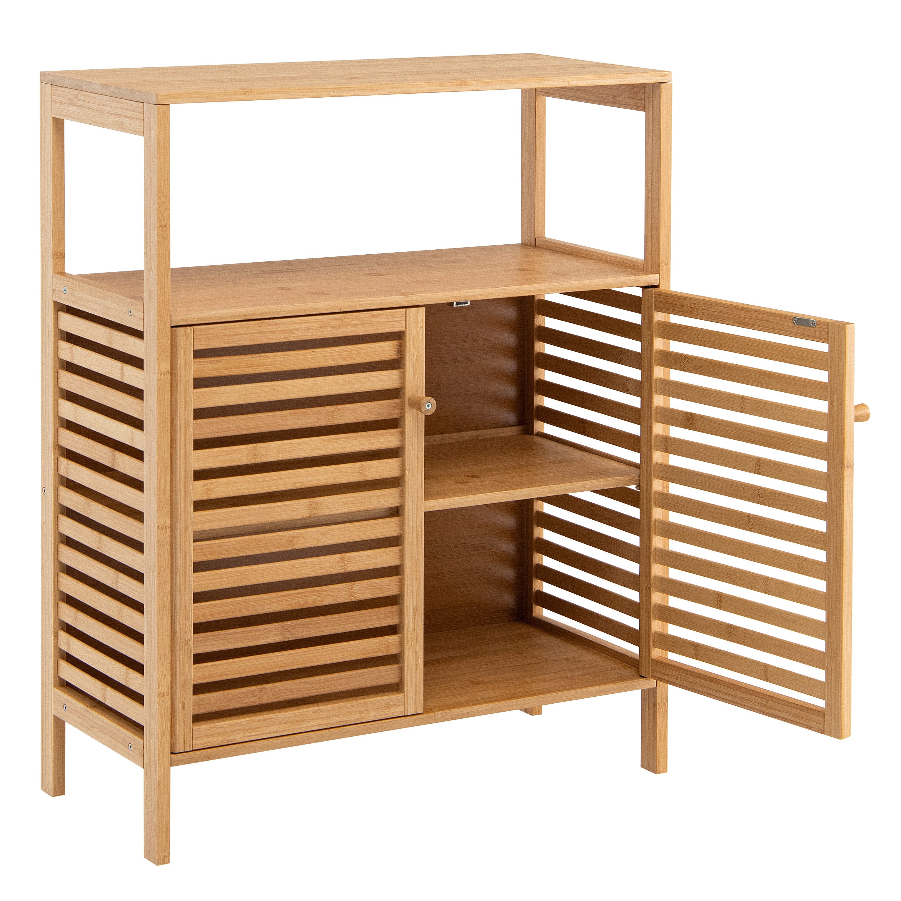 COSTWAY Badkommode, Bambus,abnehmbares Regal,Lamellentüren, 64x27,5x80cm