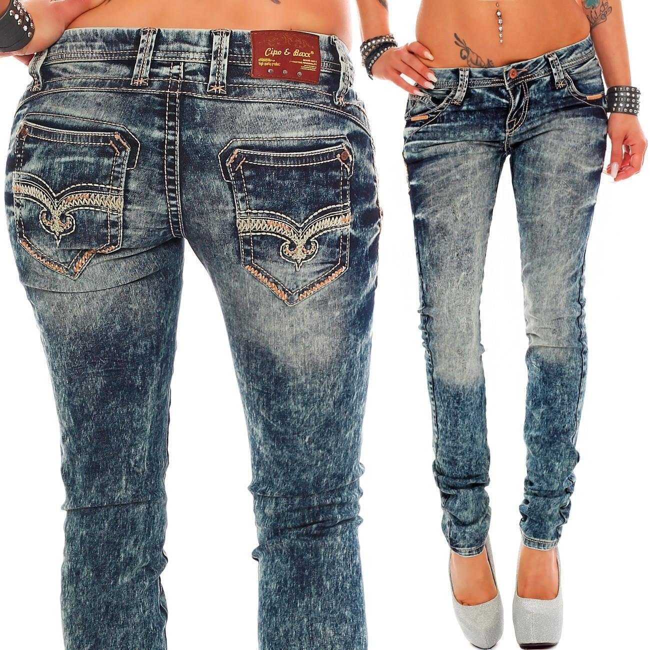 Cipo & Baxx Regular-fit-Jeans Damen Regular Fit Hose Stonewashed BA-WD222 (1-tlg) Coole Waschung Verzierte Gesäßtaschen – Bild 5 von 5
