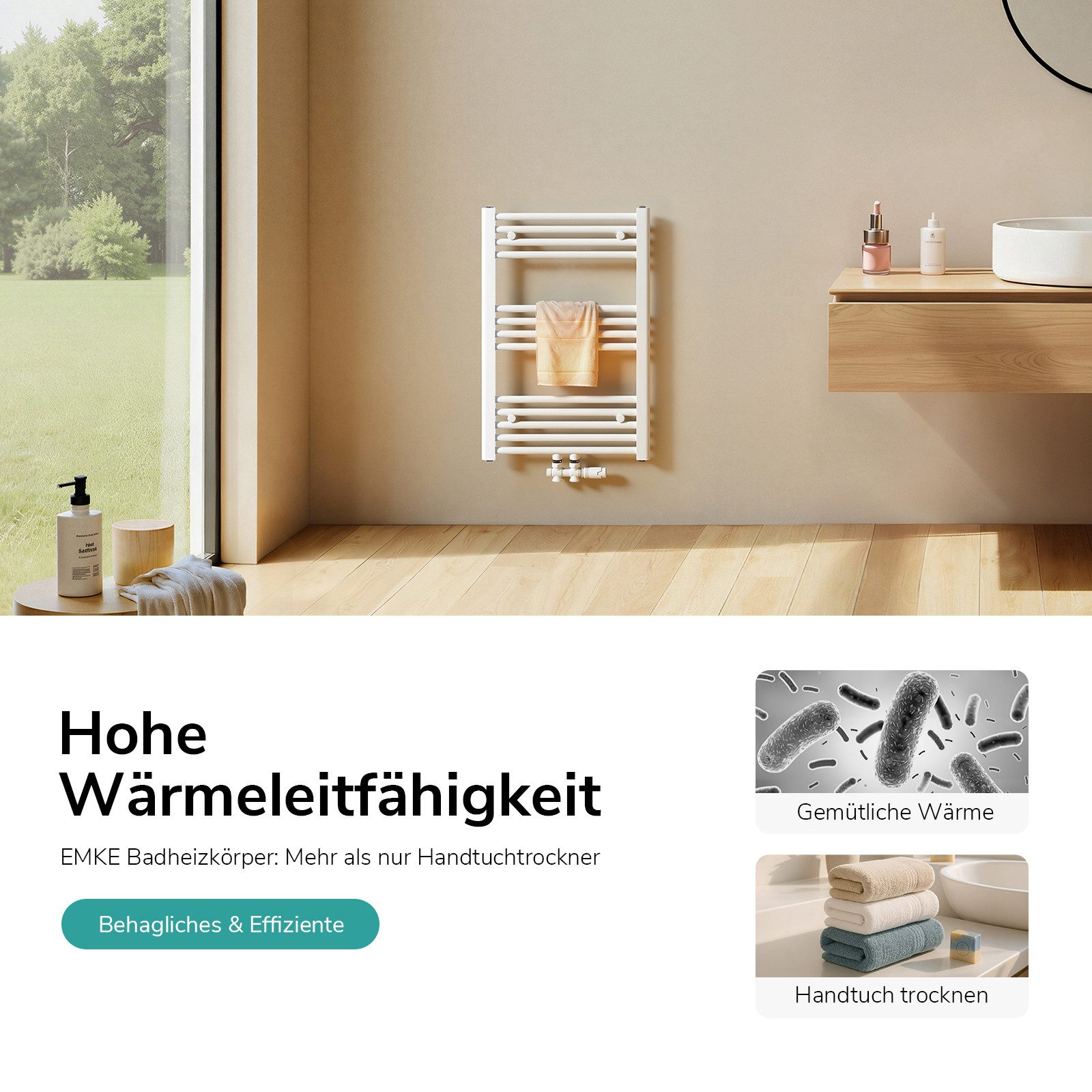EMKE Badheizkörper Handtuchheizkörper Badezimmer Handtuchtrockner für kleines Bad, Handtuchwärmer Mittelanschluss 3/4 qm Raum 244-337W