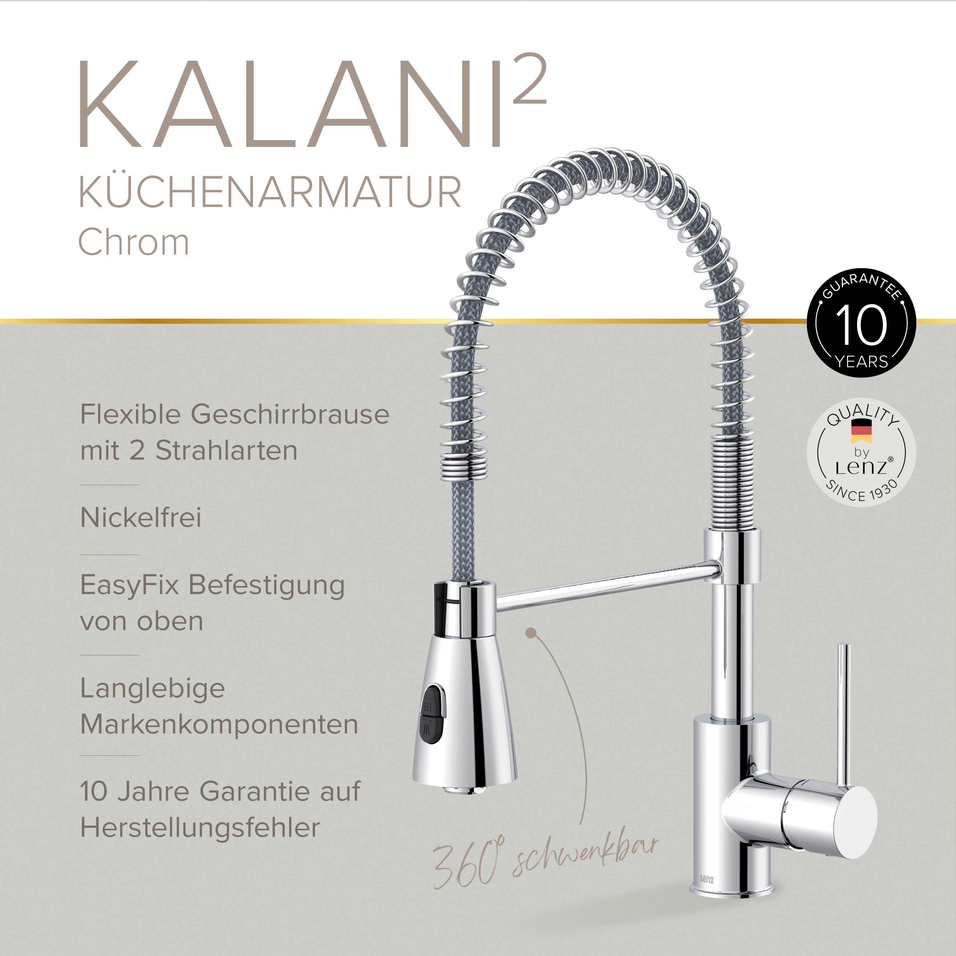 Lenz Küchenarmatur KALANI² flexible Geschirrbrause, 2 Strahlarten, 306° schwenkbar Nickelfrei, Niederdruck