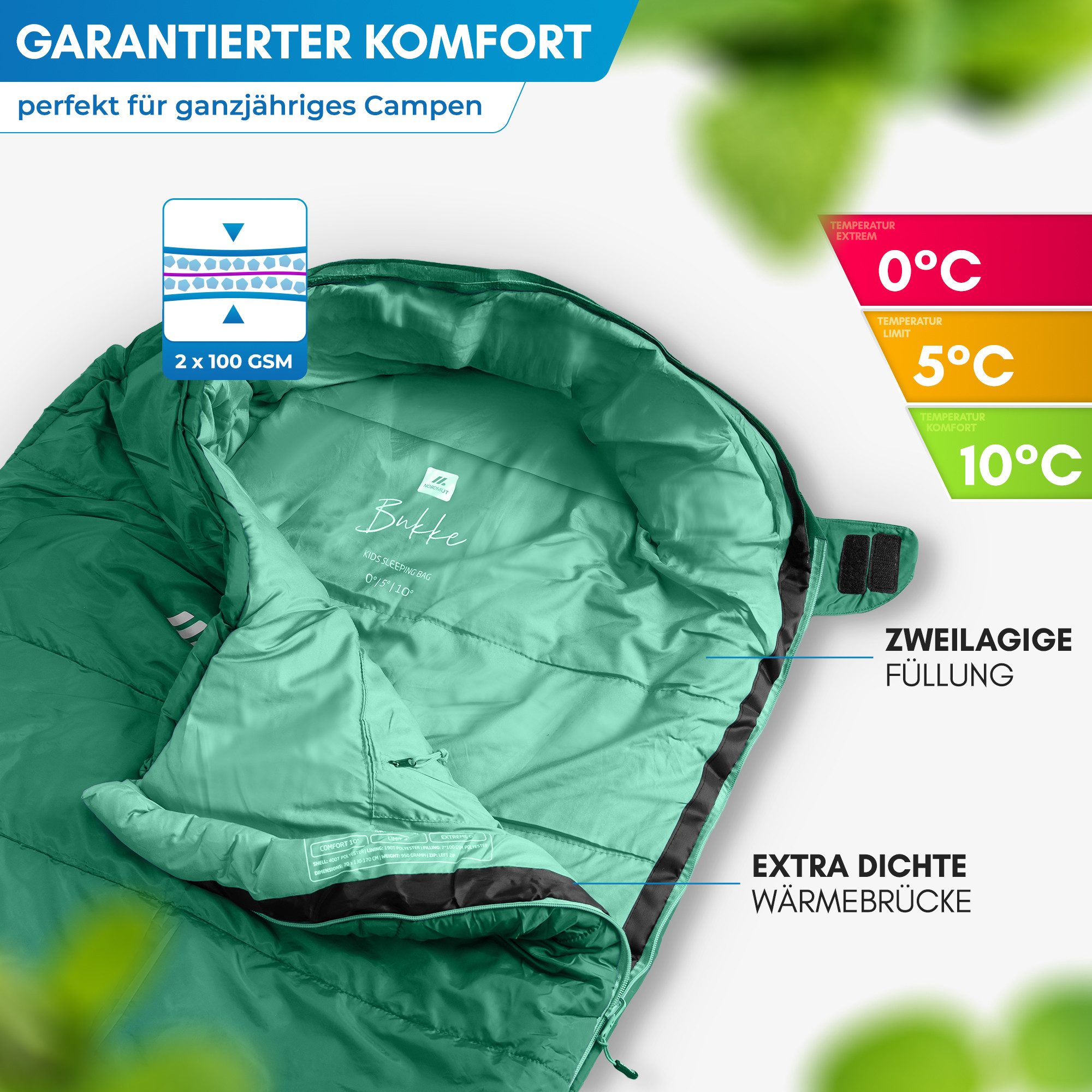 Nordmut Mumienschlafsack für Kinder mitwachsend, 3 Jahreszeiten, Camping Outdoor, leicht, warm (Spar-Set, 1 tlg., Nordmut Bukke + Kompressionsbeutel + Sticker), – Bild 4 von 5