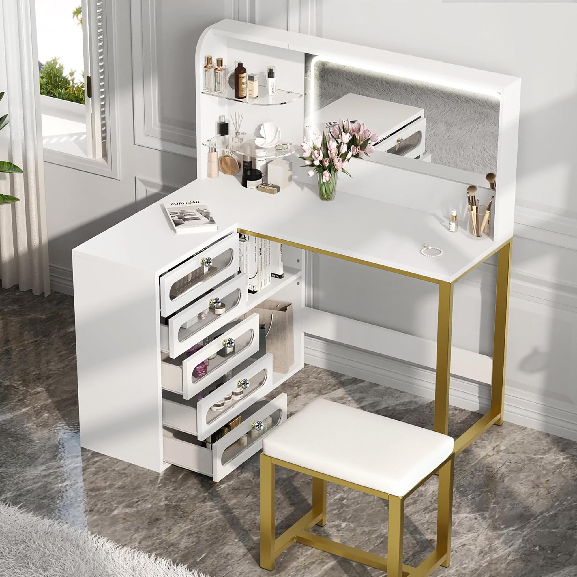 Furnishings Home Schminktisch Frisiertisch Set Stauraum mit LED-Beleuchtung Spiegel modern (1200x800x1350 mm), Mit 5 Schubladen, Drei einstellbare LED-Leuchten