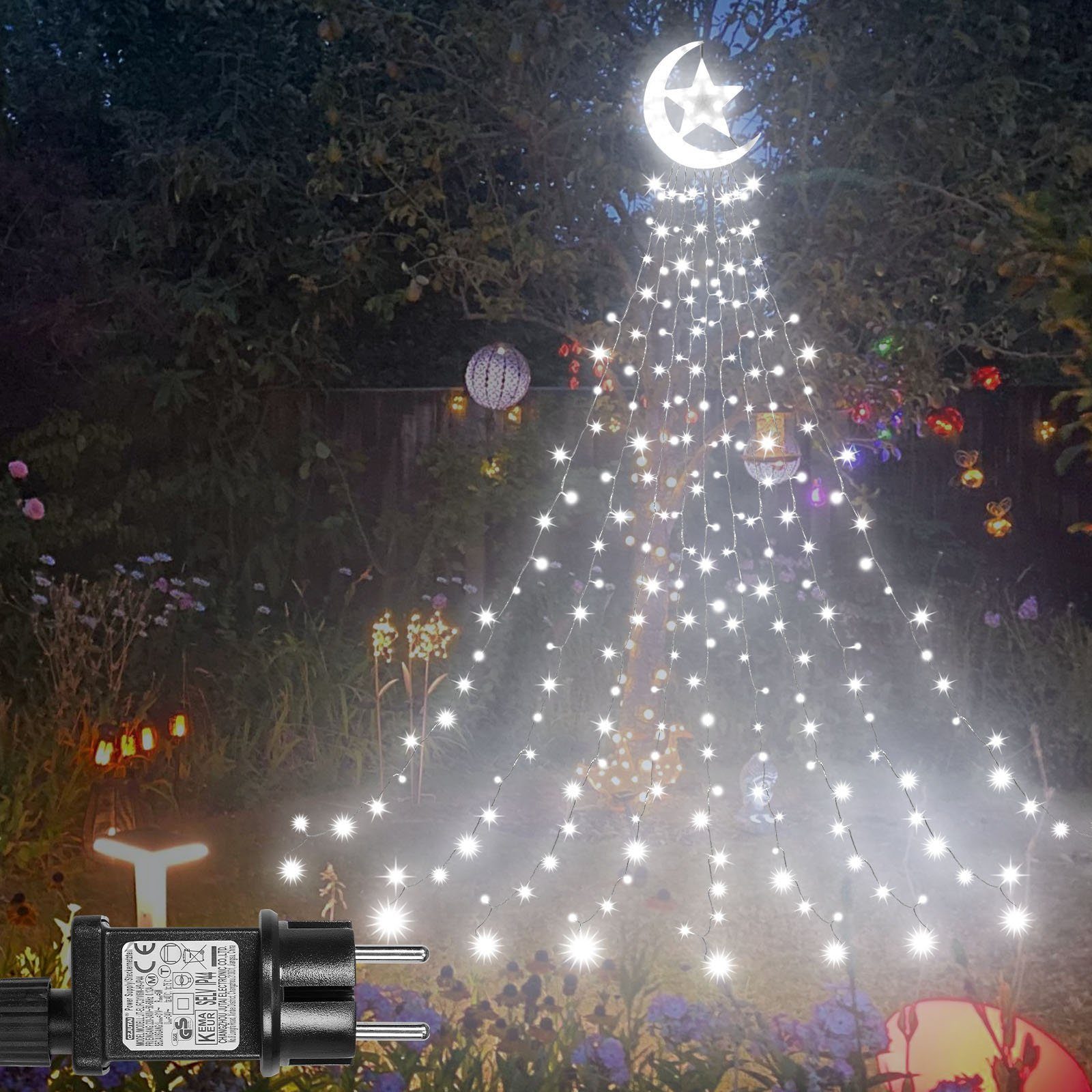 Rosnek LED-Lichtervorhang 8 Modi, wasserdicht, für Dach Innenhof Ramadan Weihnachtsdeko, 350-flammig, Timer;Wasserfall Baum Lichter; mit Topper Mondstern,Speicherfunktion Weiß