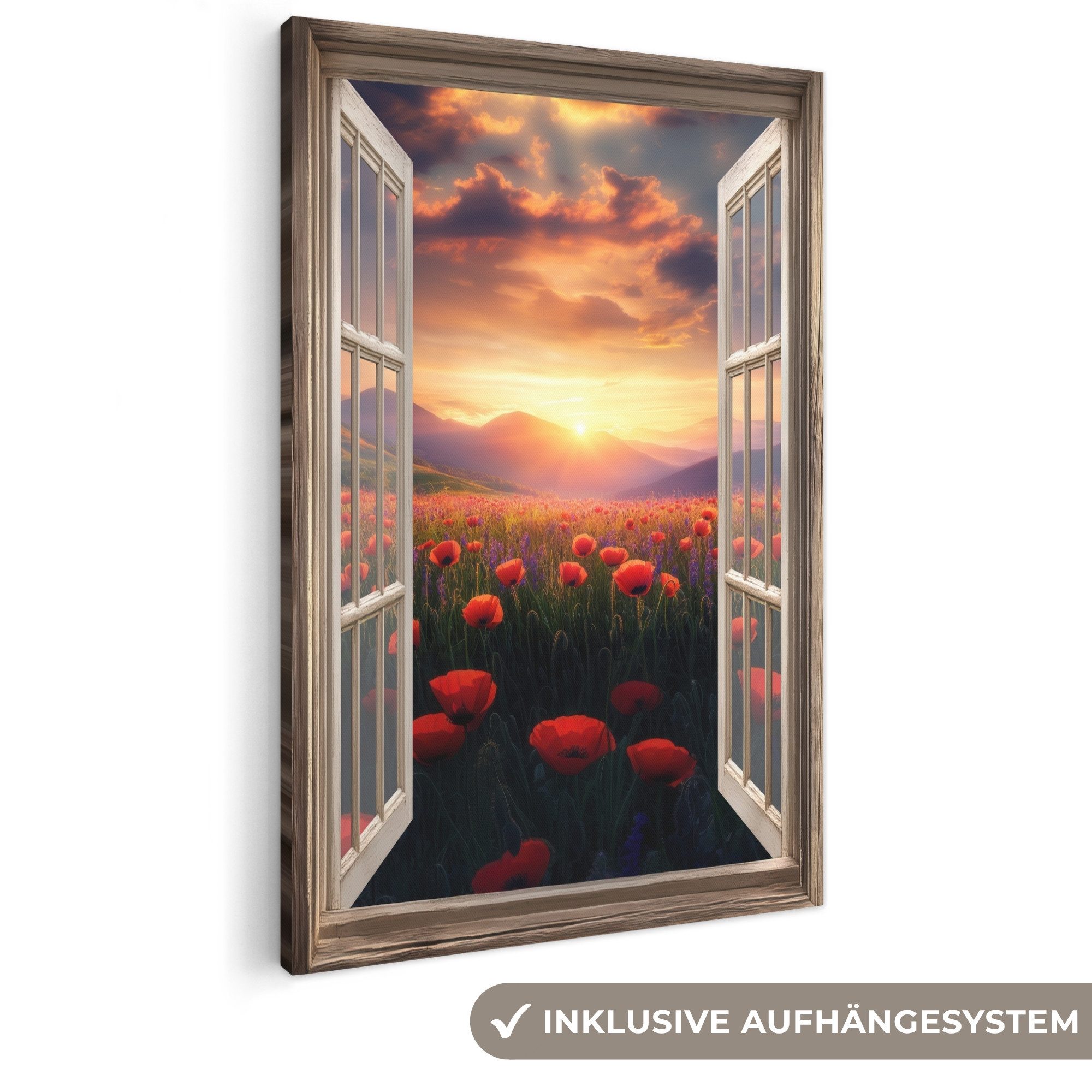 OneMillionCanvasses® Leinwandbild Fensterblick - Fenster - Mohnblumen - Blumen - Rot - Offenes Fenster, Fotodruck (1 St), Bilder groß Wohnzimmer Schlafzimmer 80x120 cm